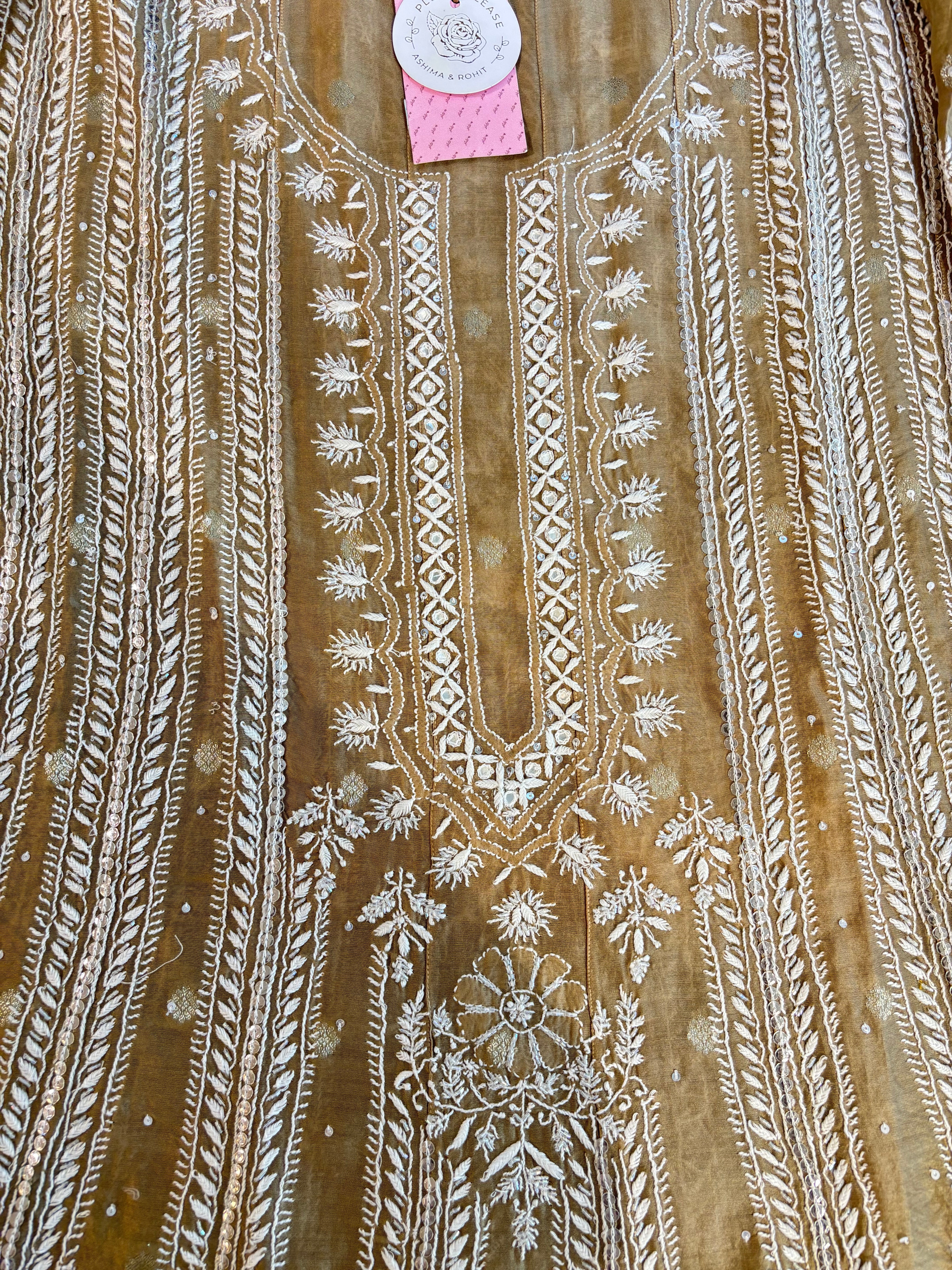 Brown Chanderi Chikankari Anarkali With Organza Dupatta