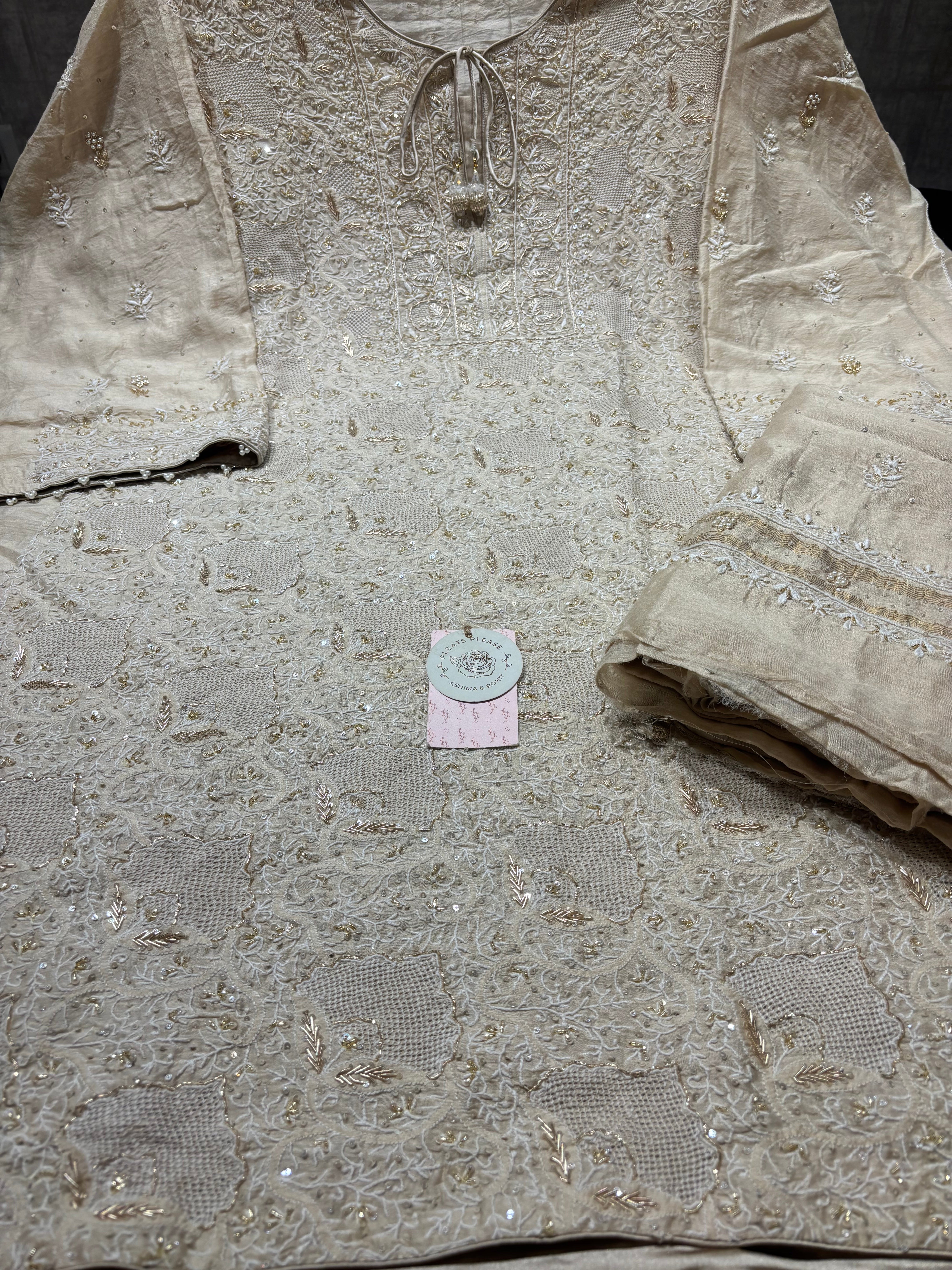 Dyeable Monga Silk Chikankari Kurta & Dupatta Set