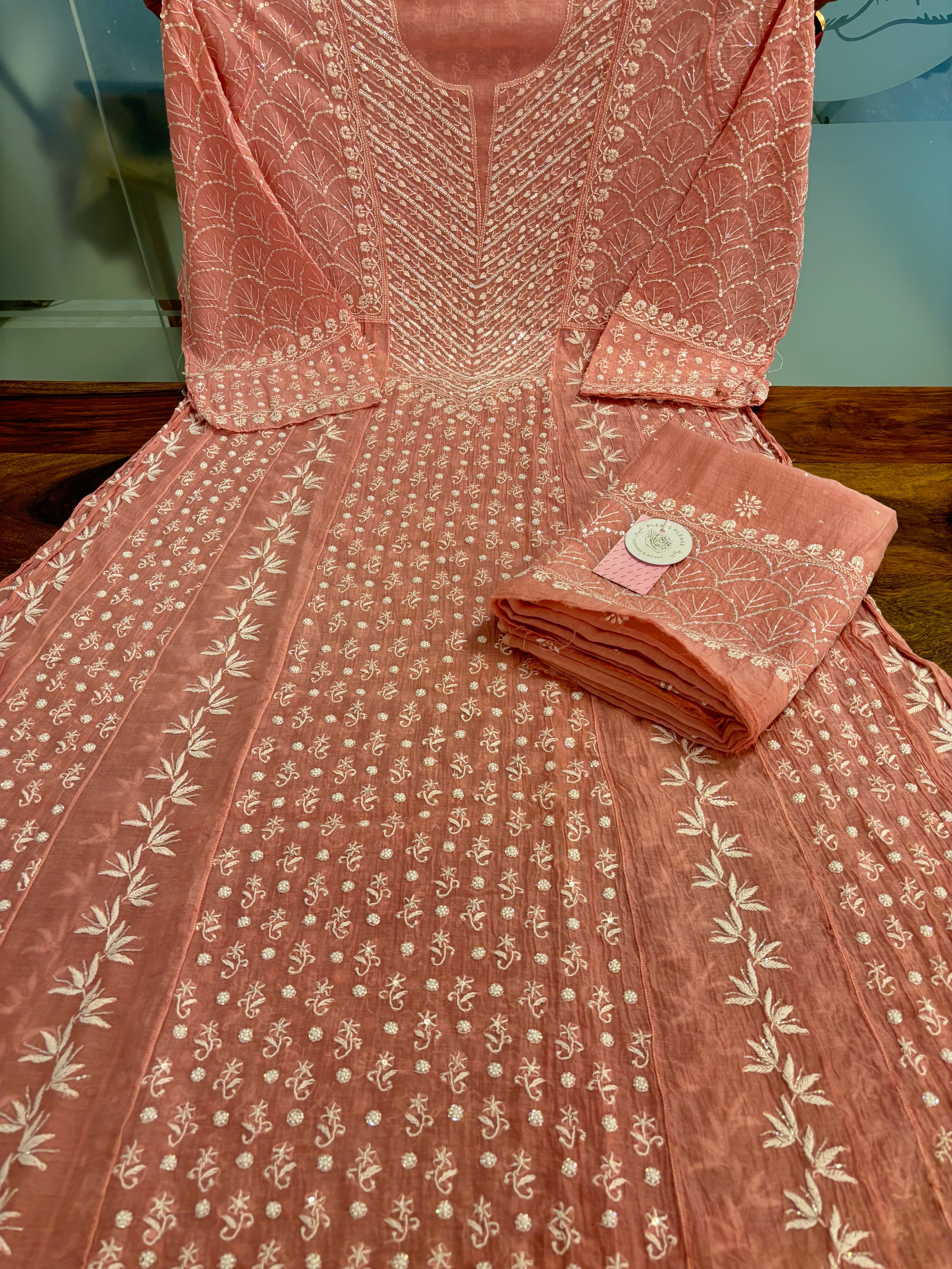 Coral Peach Chanderi Mul Chikankari Anarkali & Dupatta Set