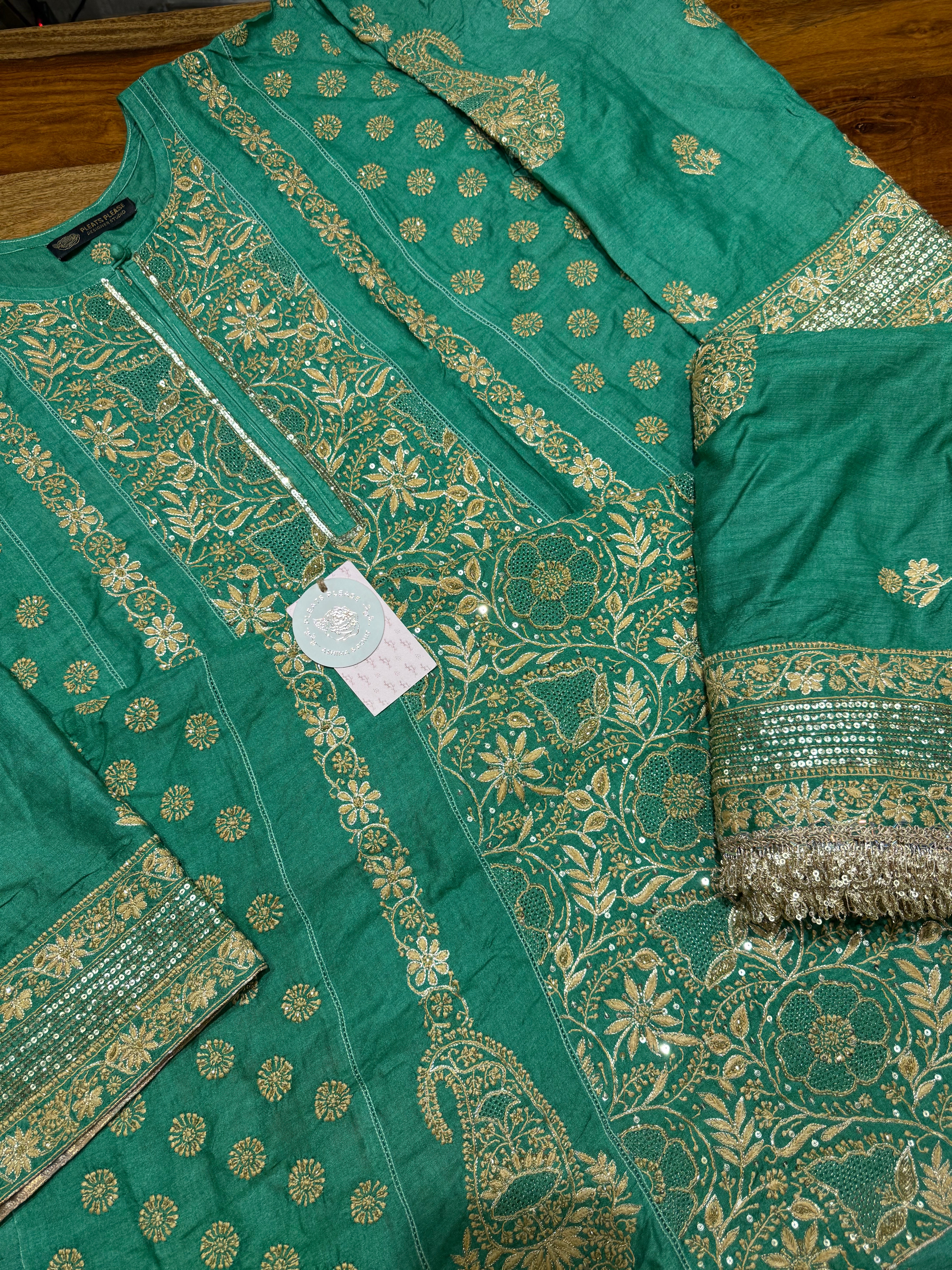 Emerald Green Monga Silk Chikankari A-Line Anarkali & Dupatta Set
