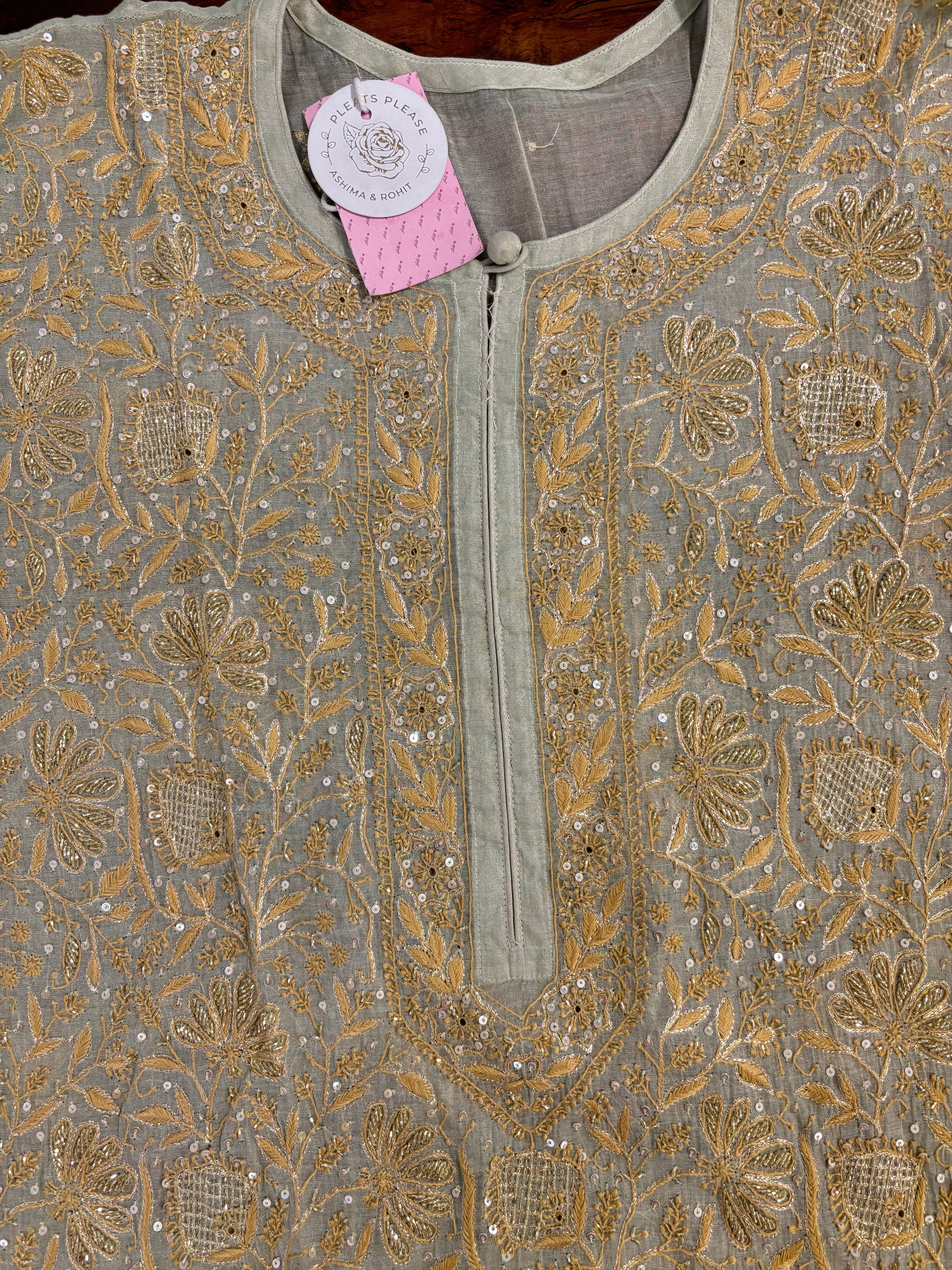 Pistachio Green Pure Tissue Chikankari Kurta & Dupatta - Pleats PleaseChikankari
