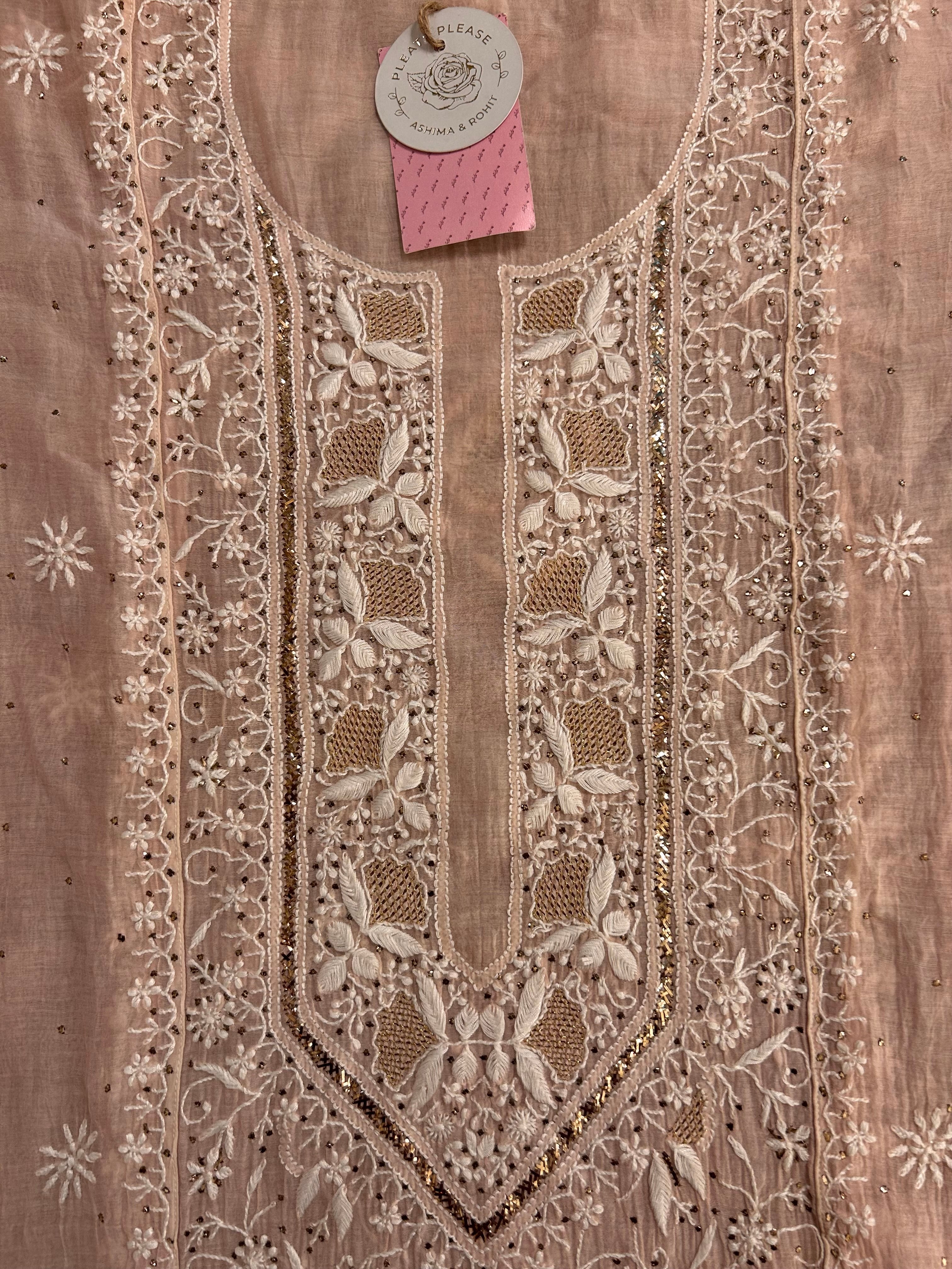 Pastel Peach Chanderi Mul Chikankari Mukaish Kurta & Dupatta
