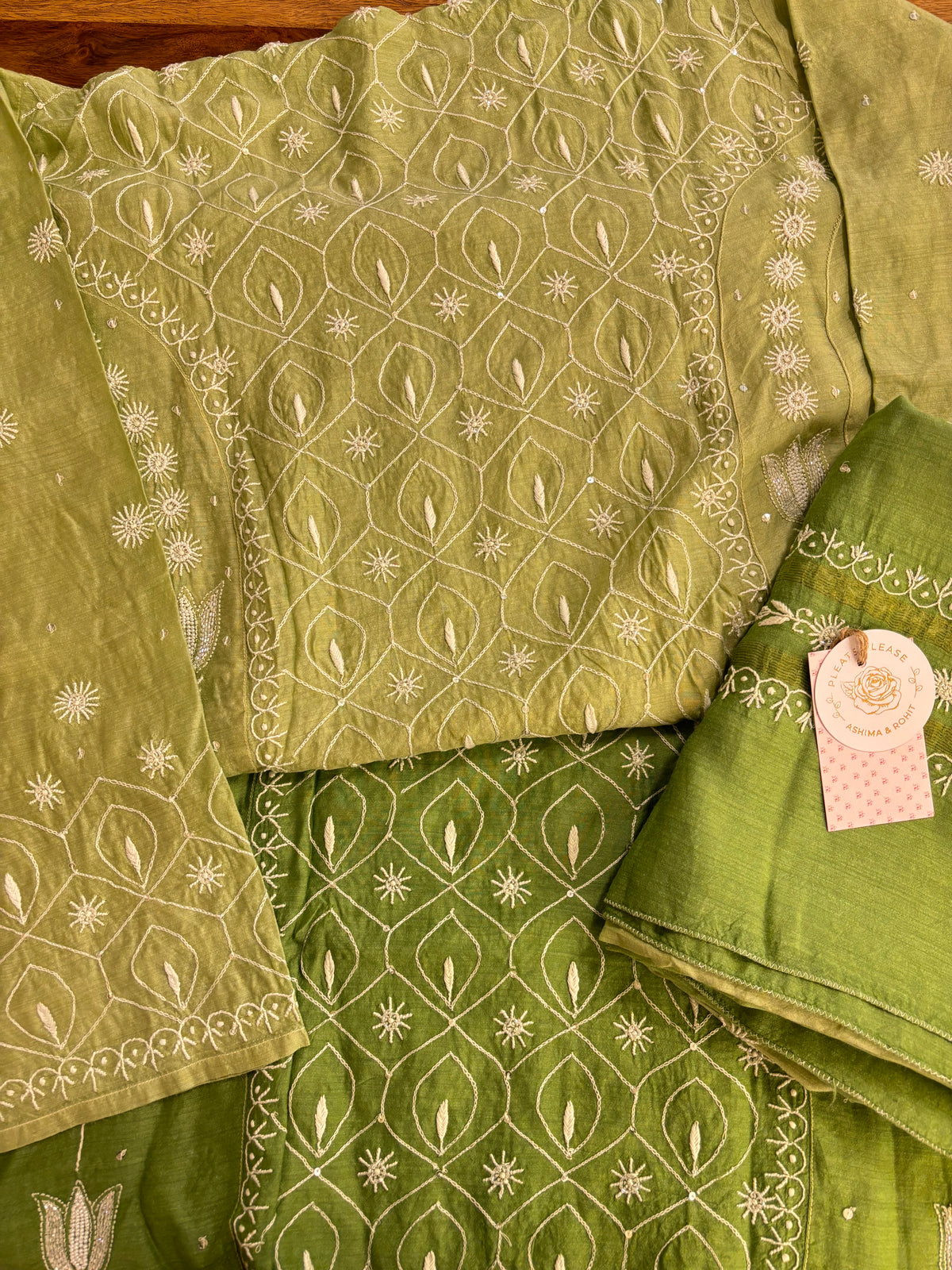 Green Ombré Pure Monga Silk Chikankari Anarkali & Dupatta