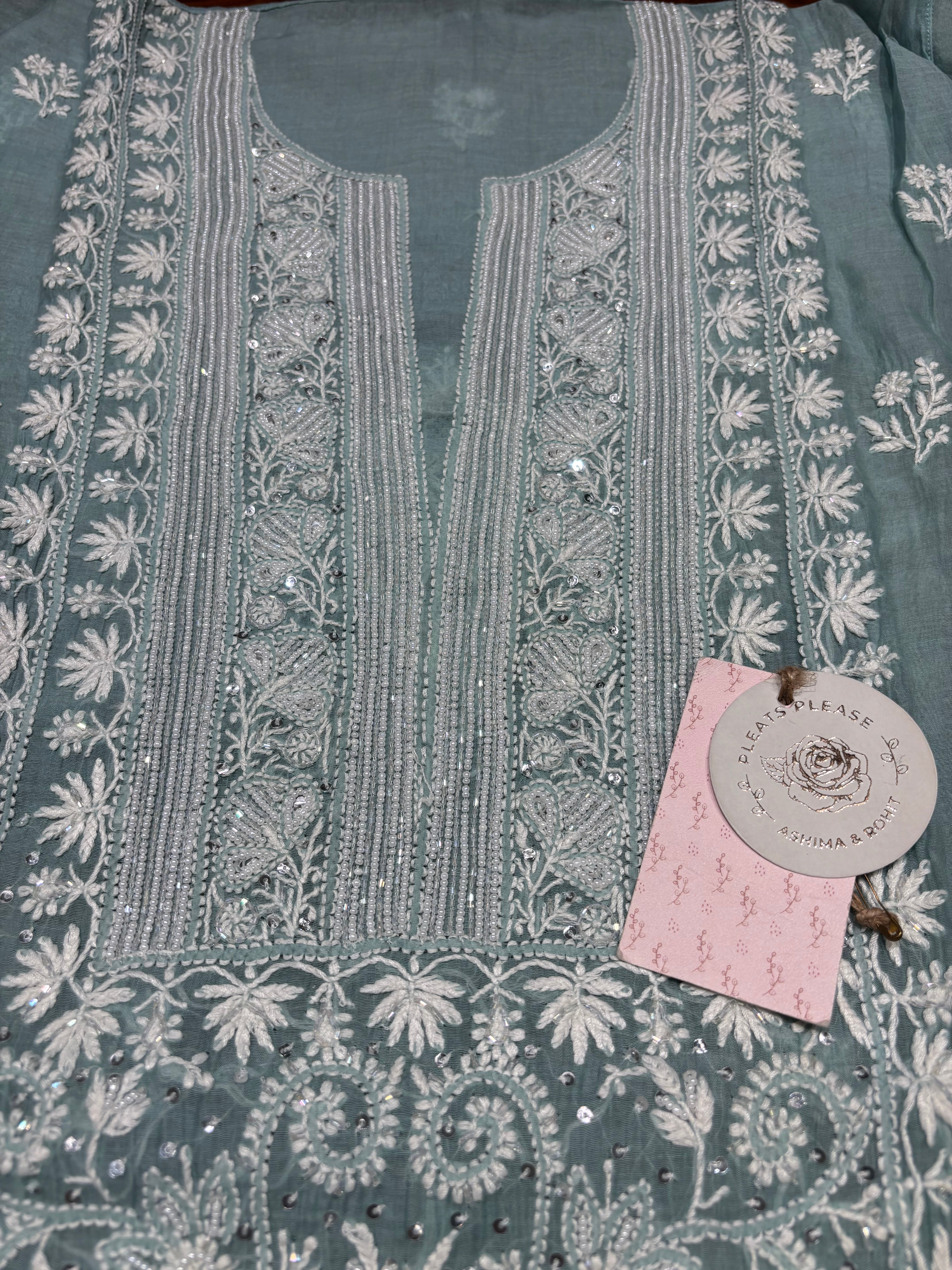 Sea Foam Chanderi Mul Chikankari Kurta & Dupatta Set