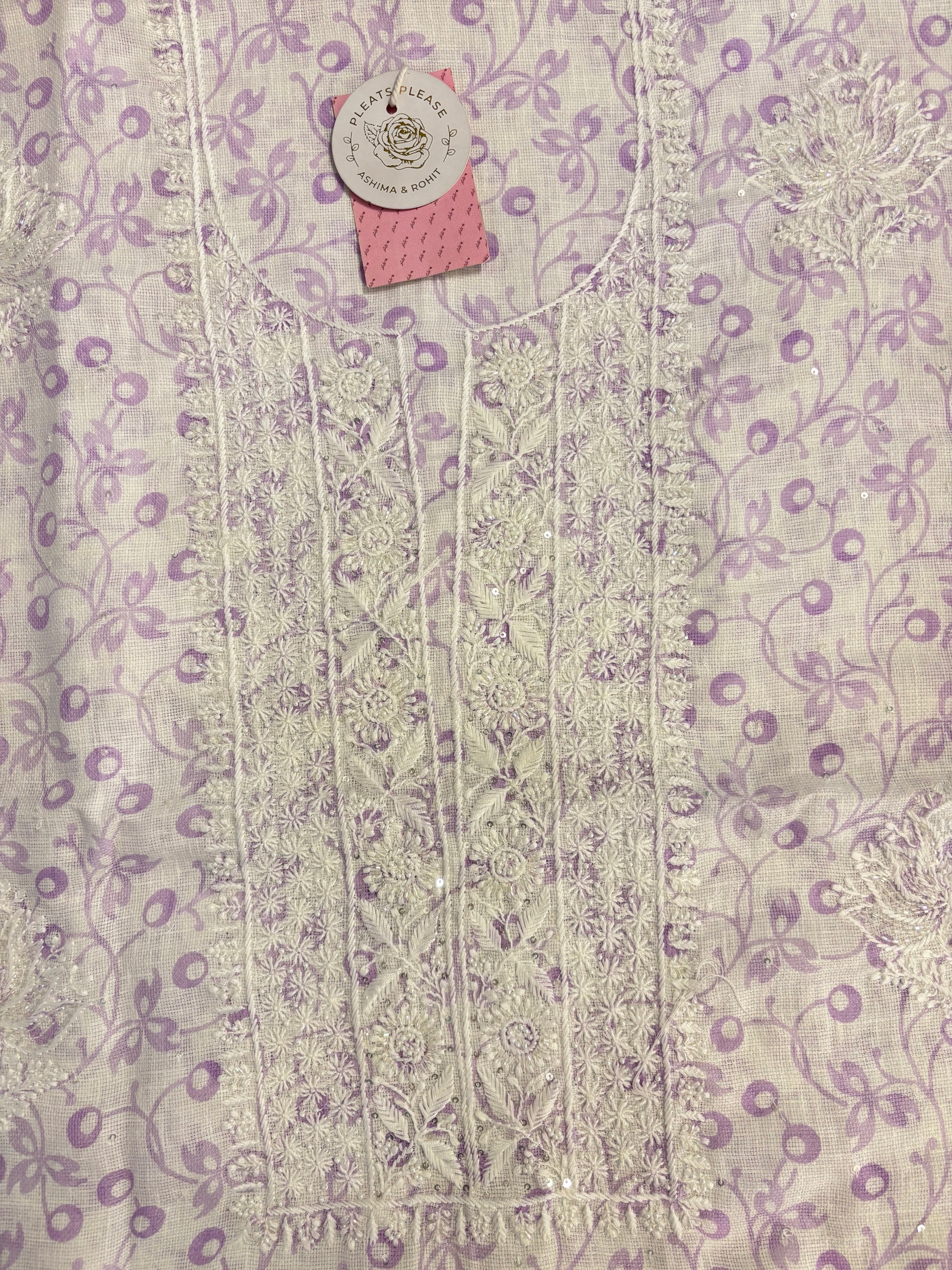 Linen Lavender Printed Chikankari Kurta & Dupatta