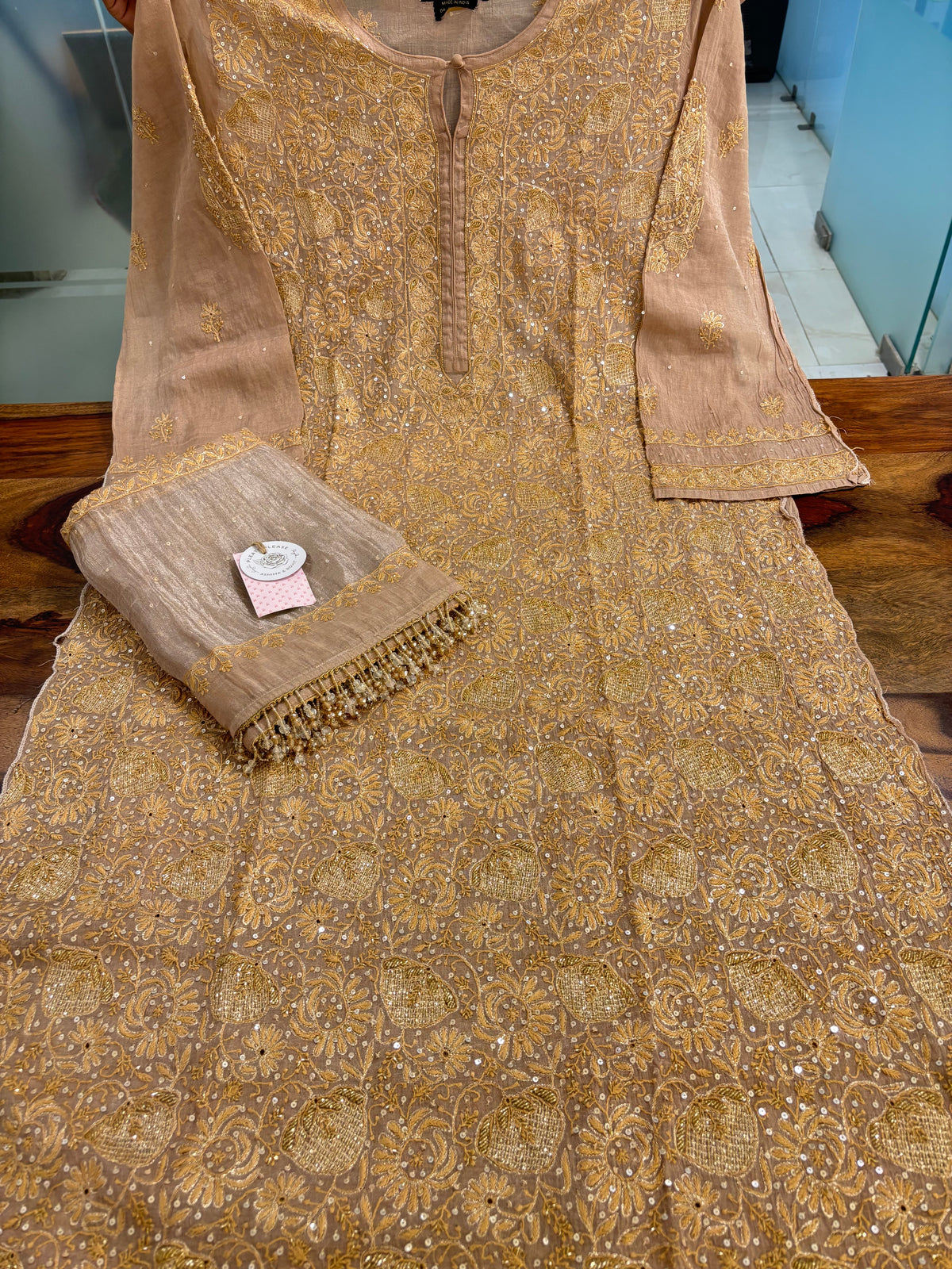 Antique Beige Pure & Premium Tissue Chikankari Kurta & Dupatta