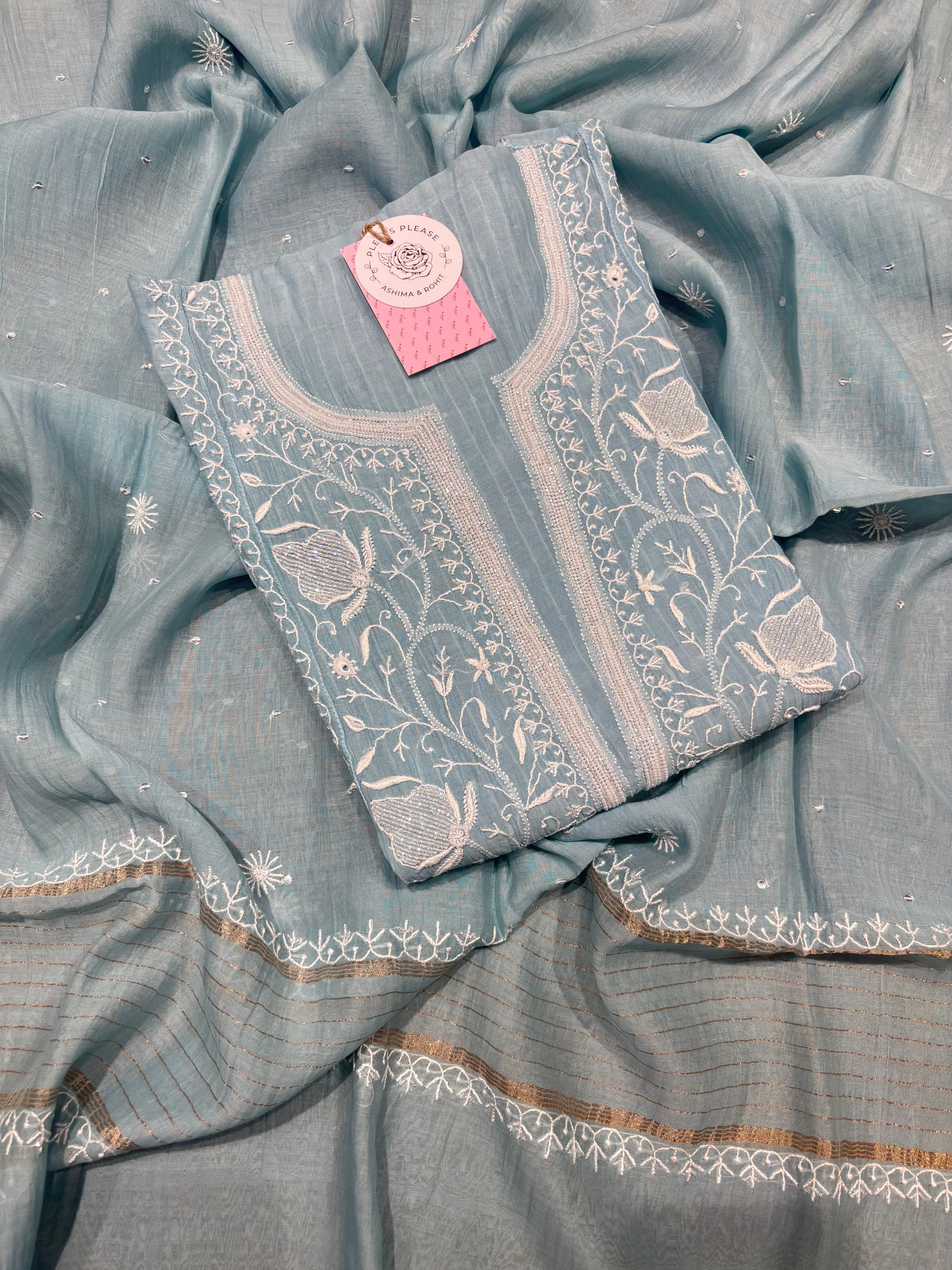 Powder Blue Chanderi Mul Chikankari Kurta and Dupatta Set