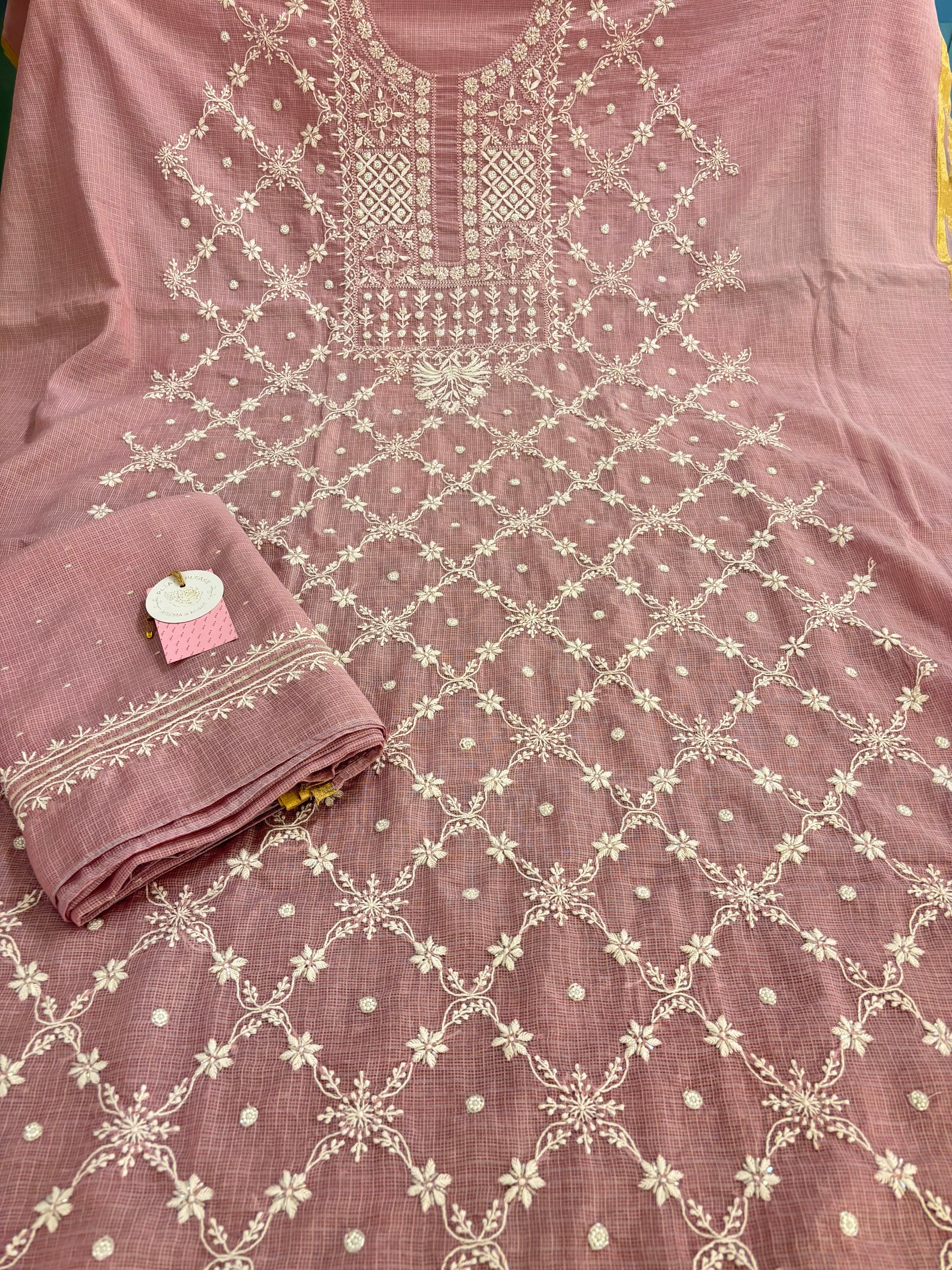 Lilac Kota Doria Chikankari Kurta & Dupatta