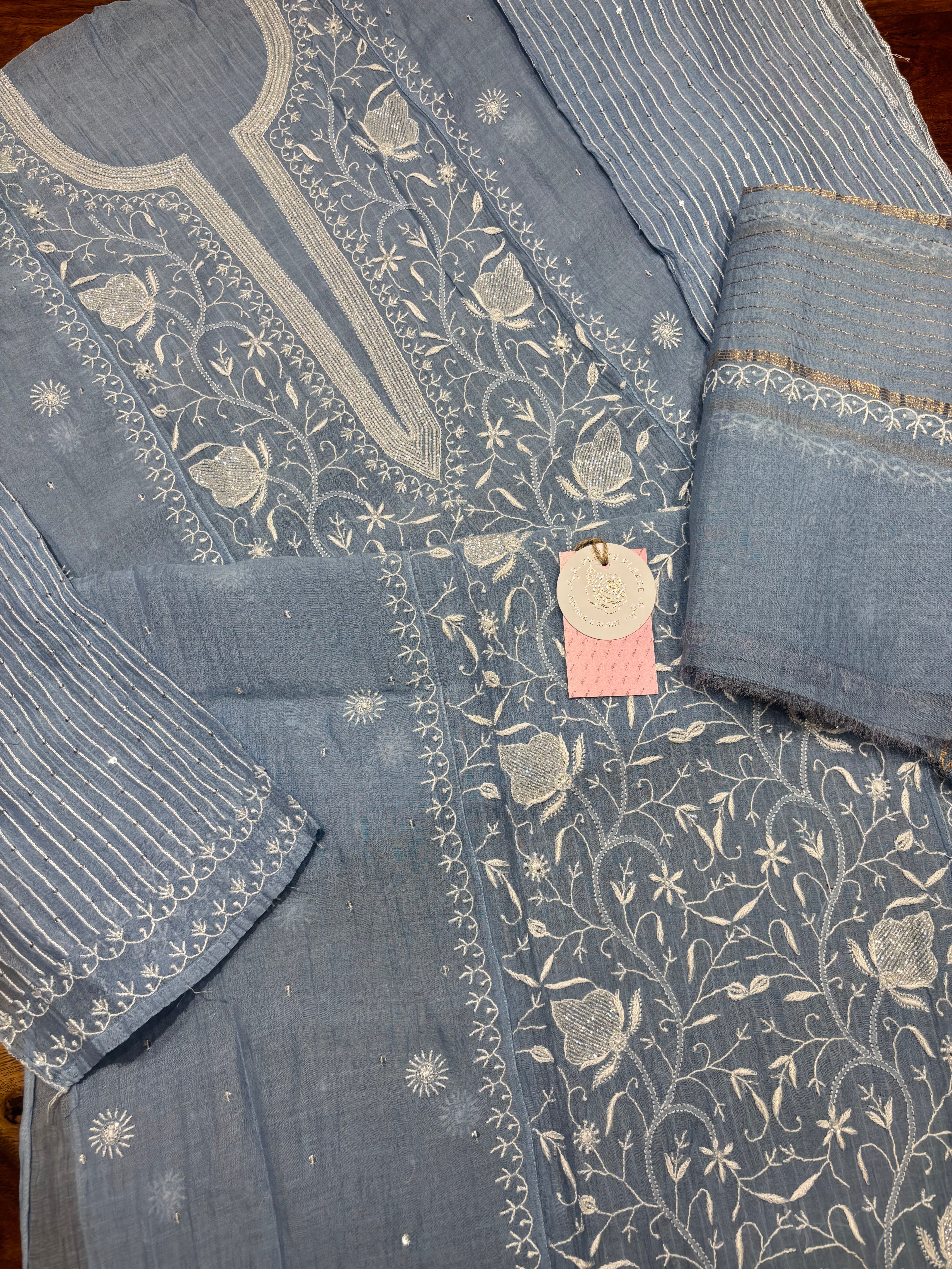 Blue Chanderi Mul Chikankari Kurta & Dupatta Set