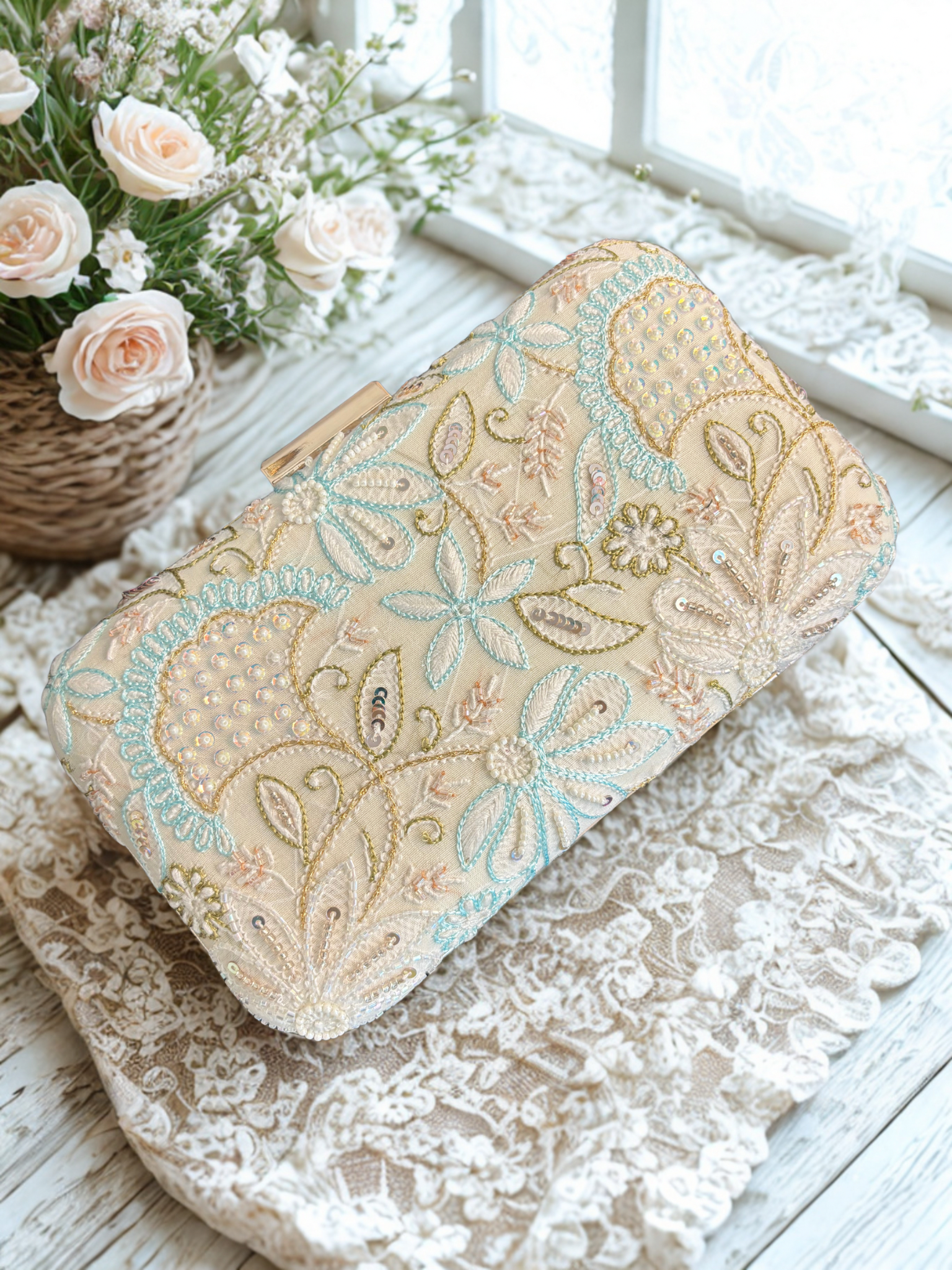 Off White Chikankari Clutch
