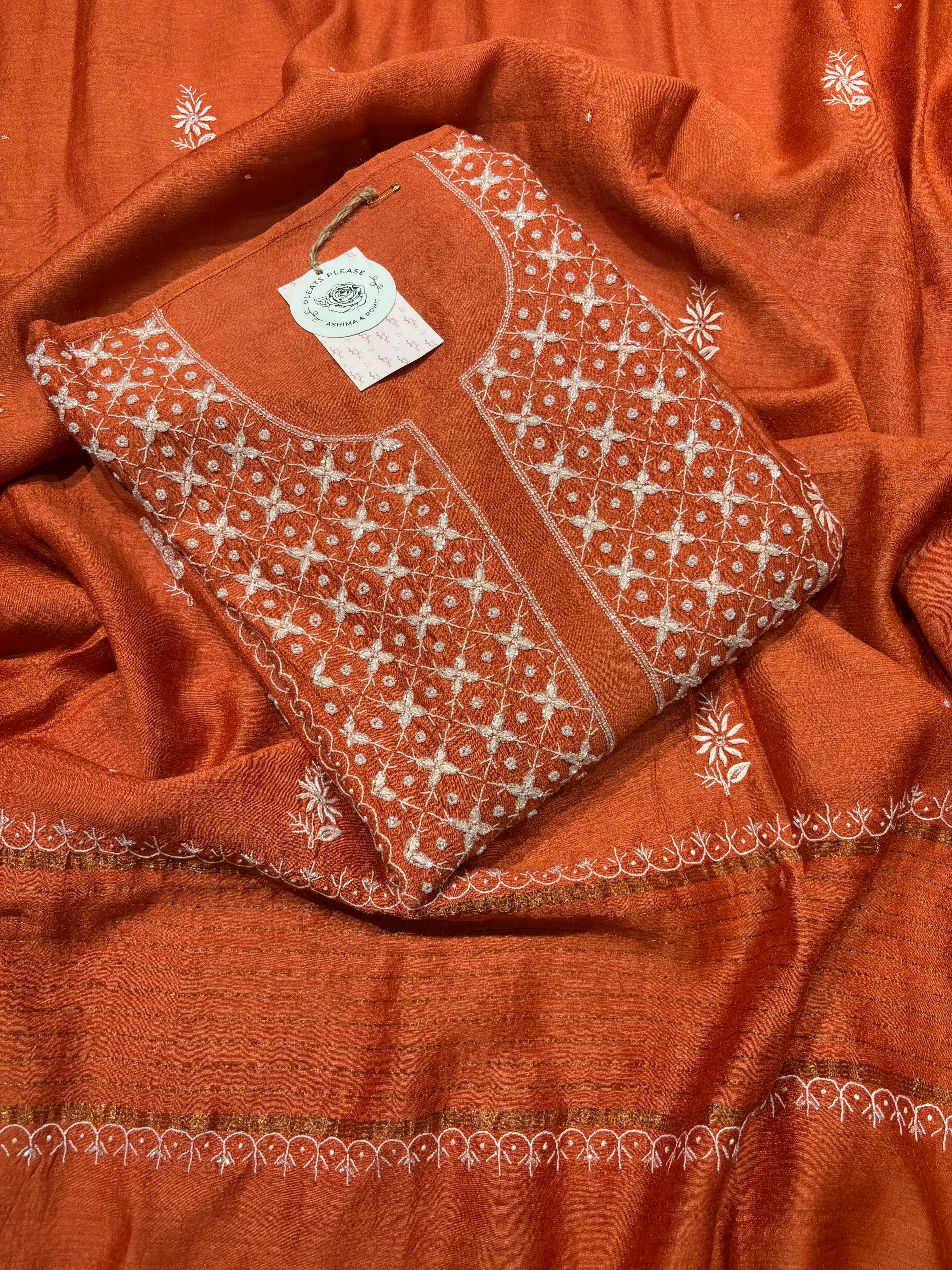 Outrageous Orange  Monga silk Chikankari Kurta and Dupatta set