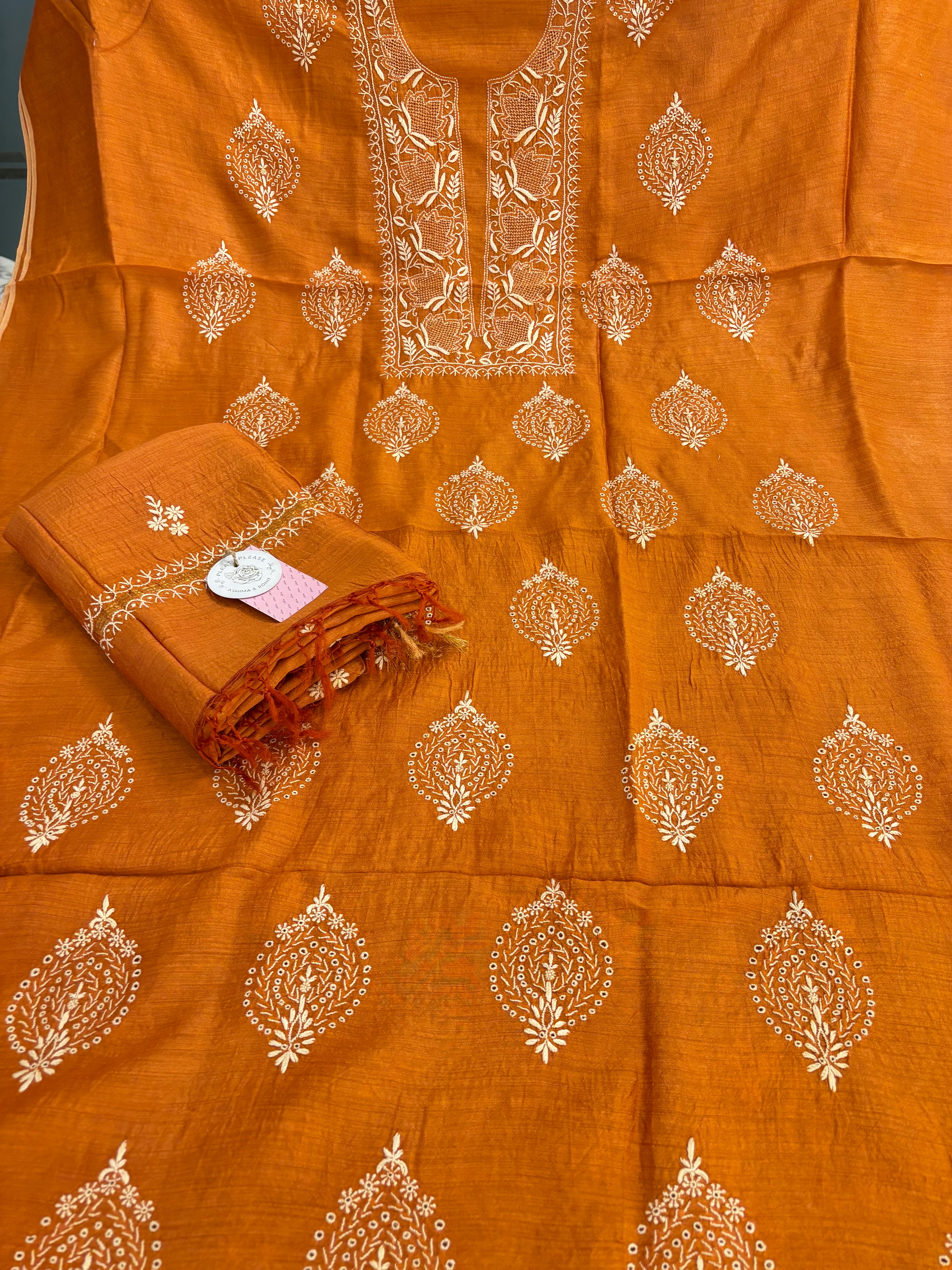 Burnt Orange Monga Silk Chikankari Kurta & Dupatta