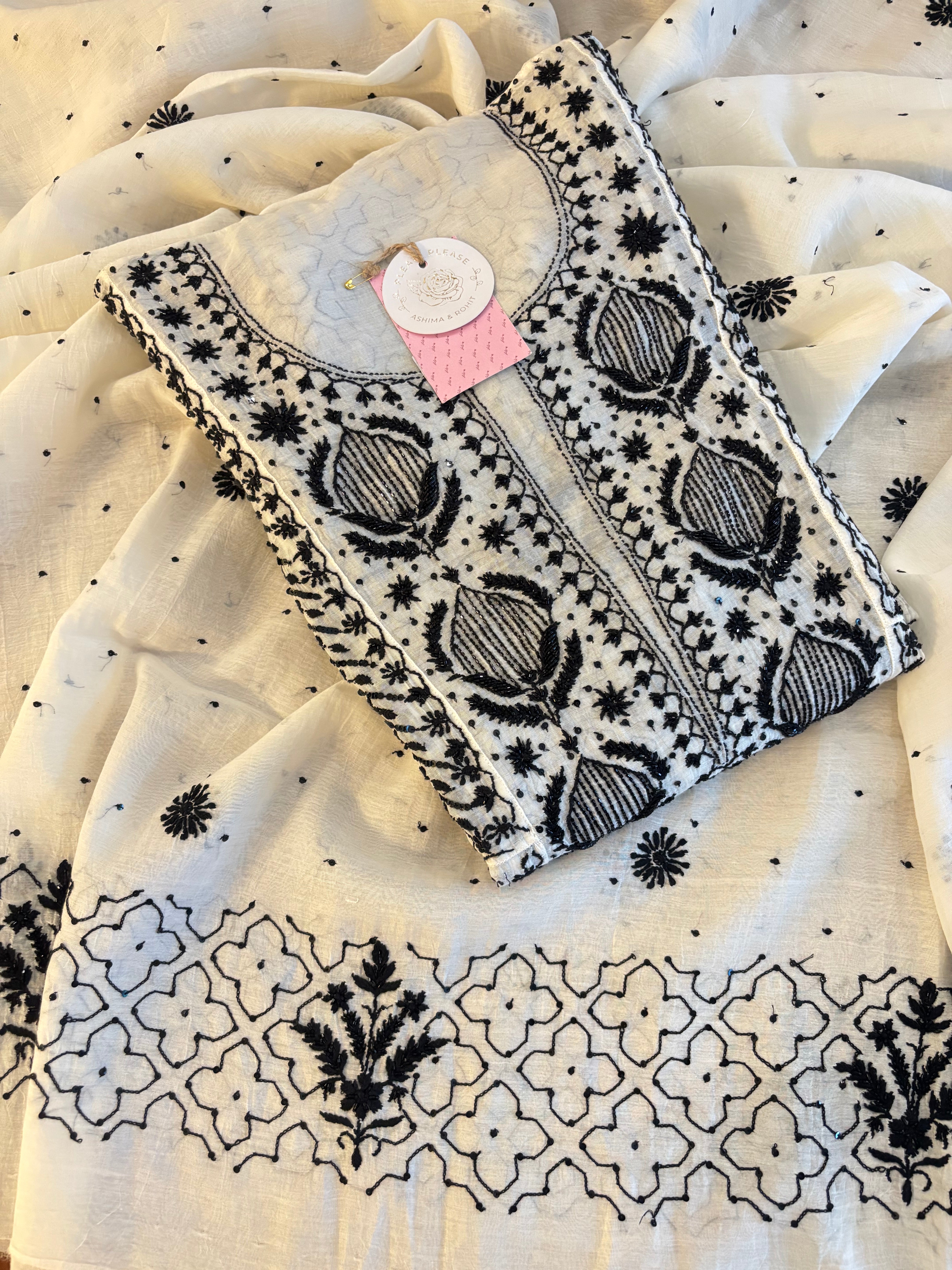 Dyeable Black and White Chanderi Mul Chikankari Anarkali & Dupatta
