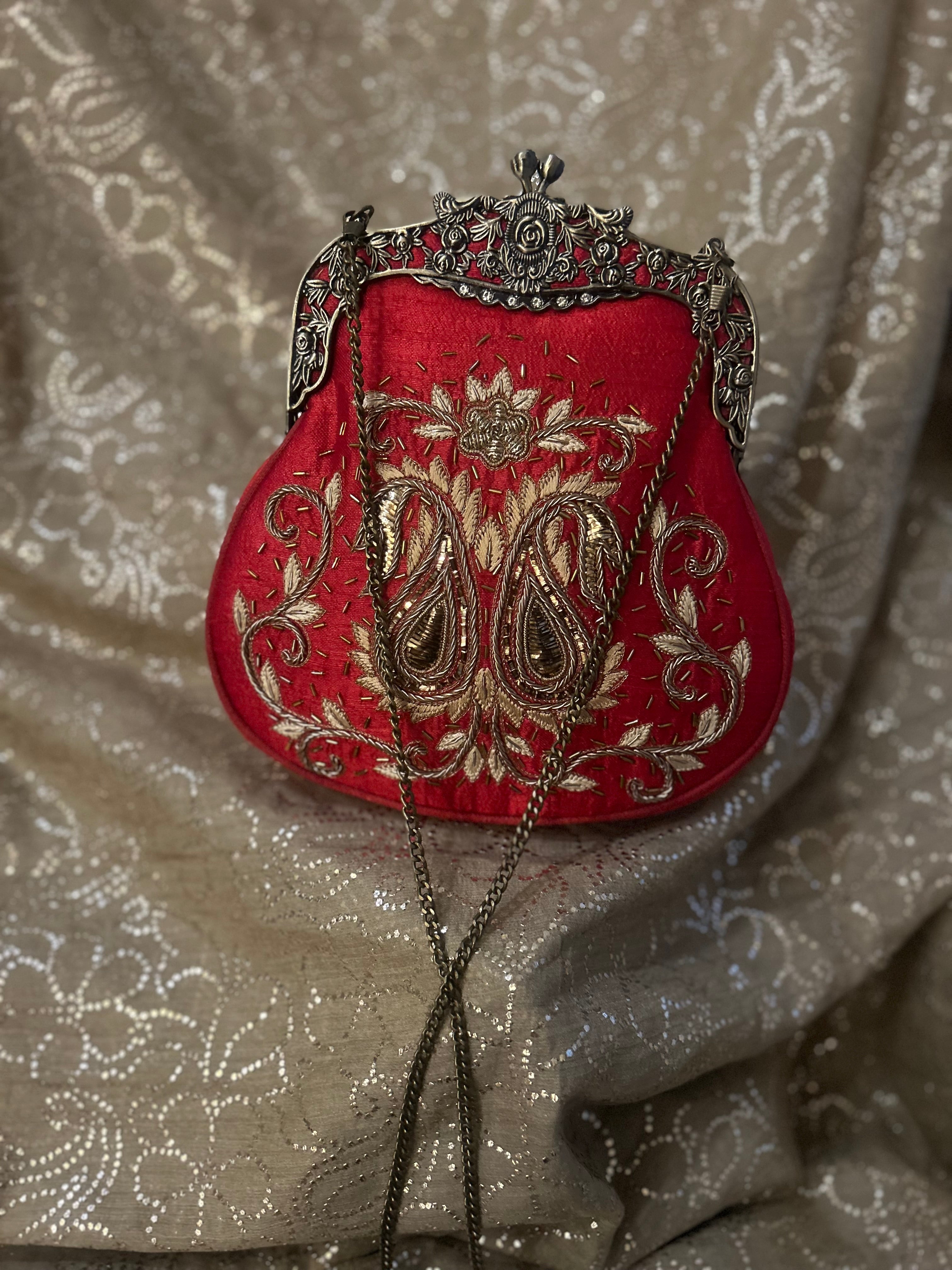Red Zardozi Mukaish Chikankari Clutch Bag