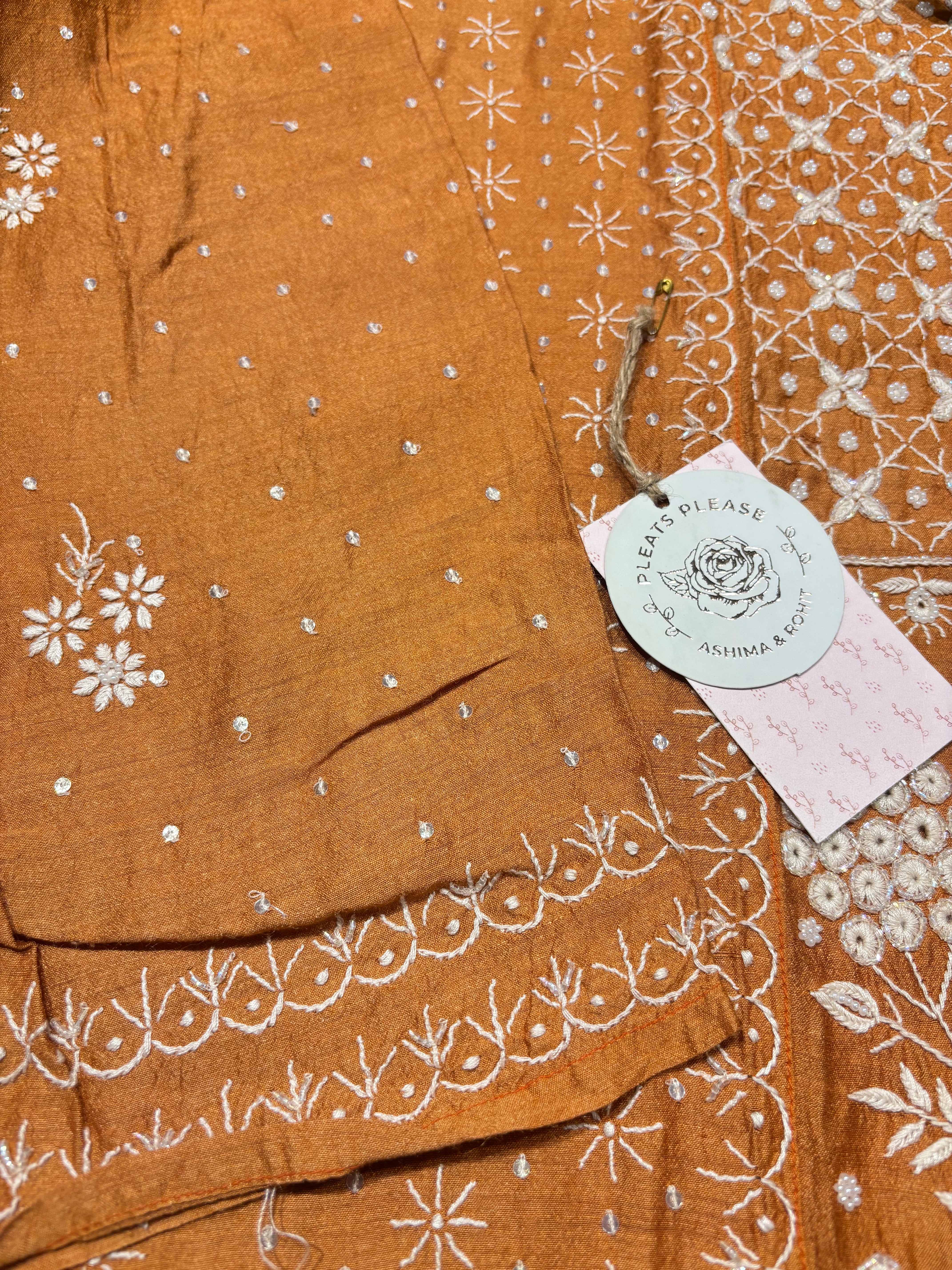 Burnt Orange Pure Monga Silk Chikankari Kurta and Dupatta