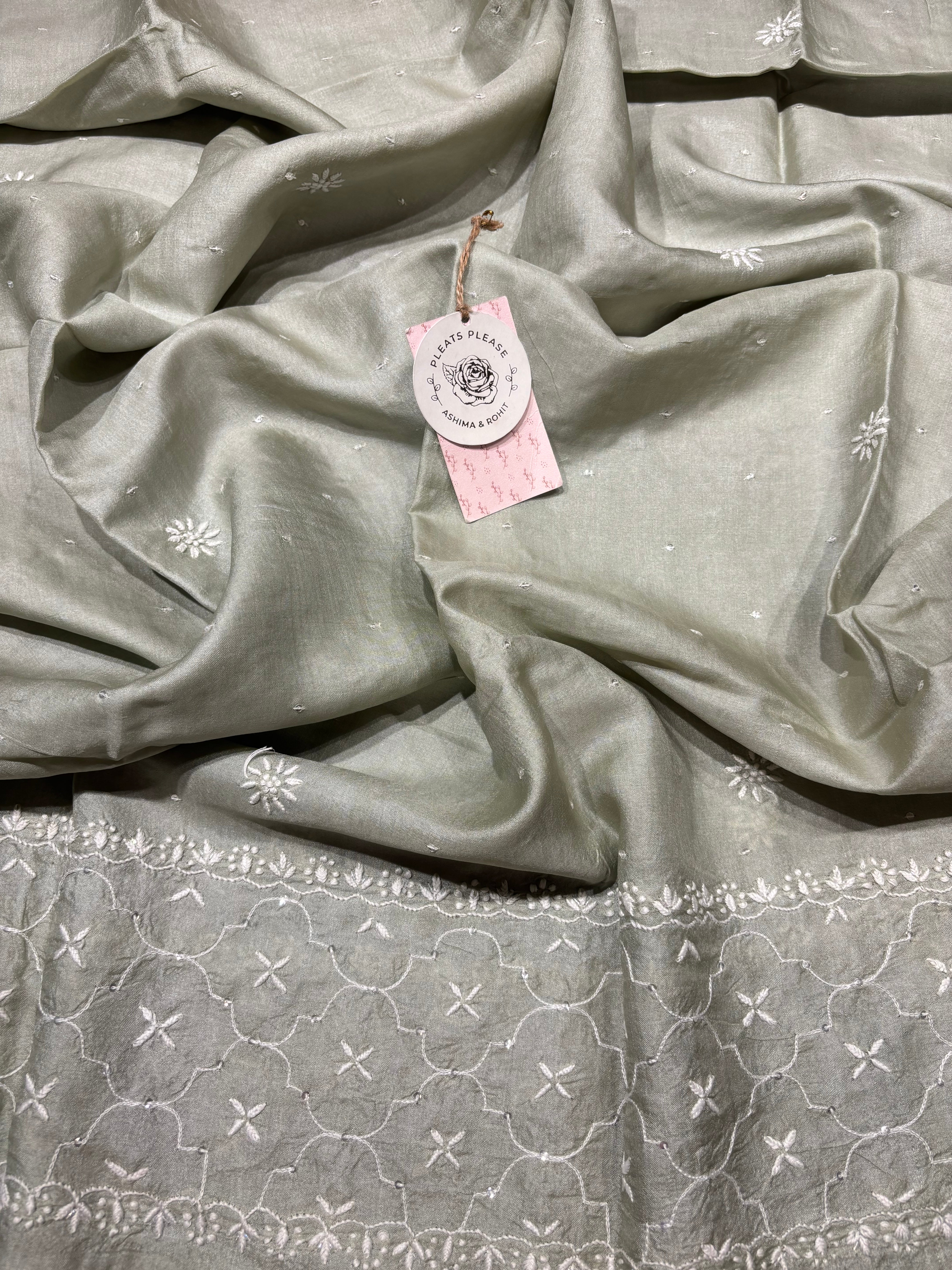 Mint Green Tussar Silk Chikankari Kurta And Dupatta Set