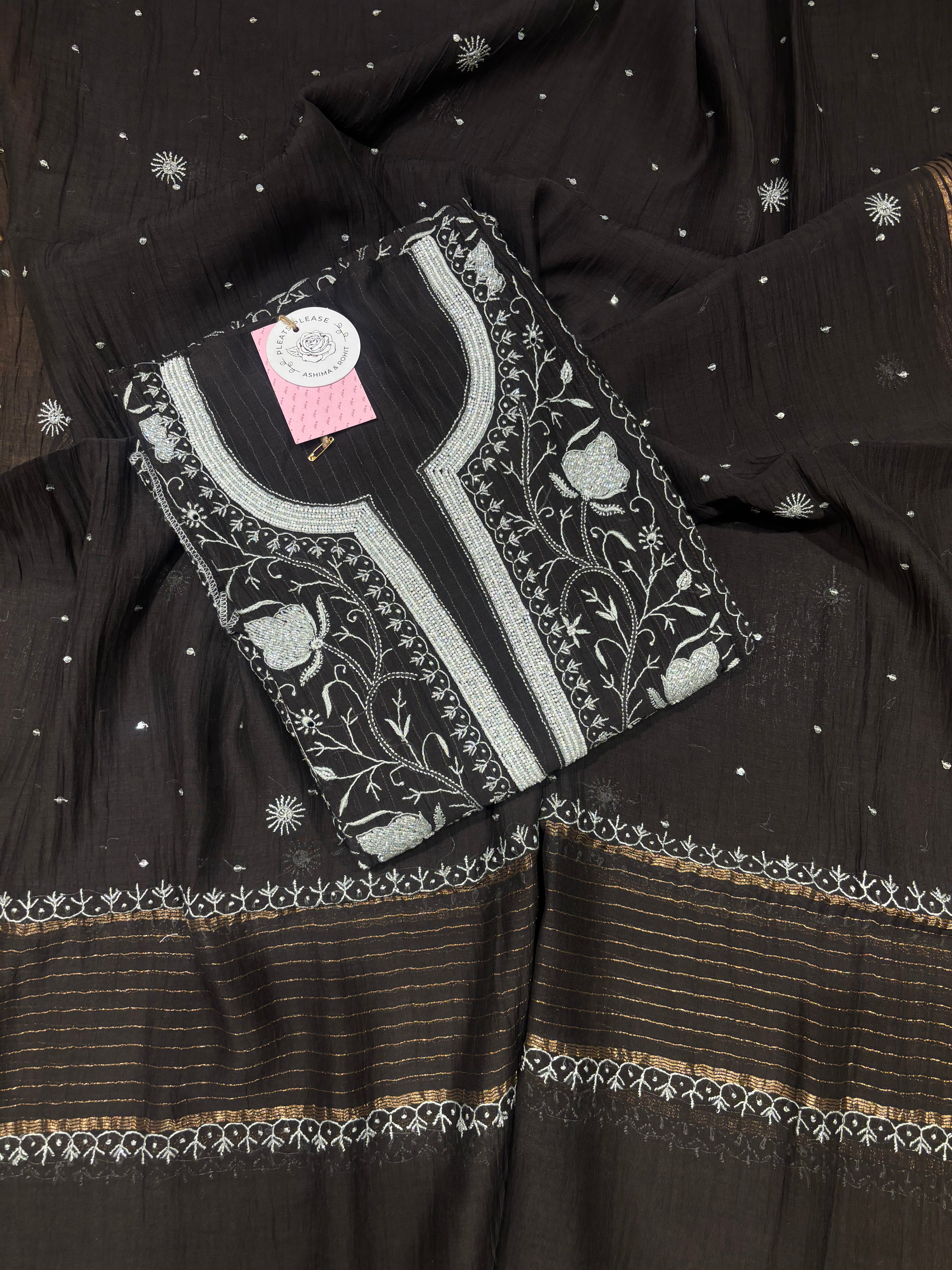Black Chanderi Mul Chikankari Kurta & Dupatta Set