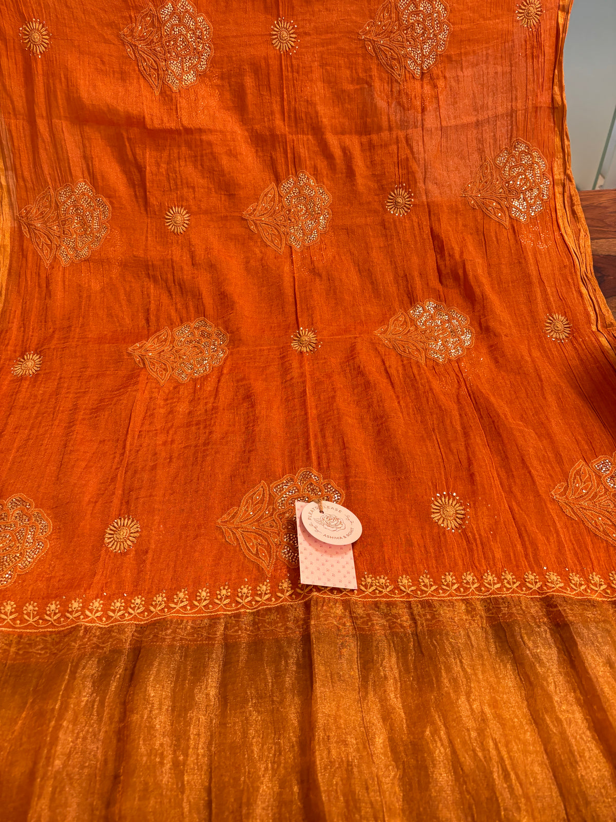 Burnt Orange Pure & Premium Tissue Chikankari Mukaish Kurta & Dupatta