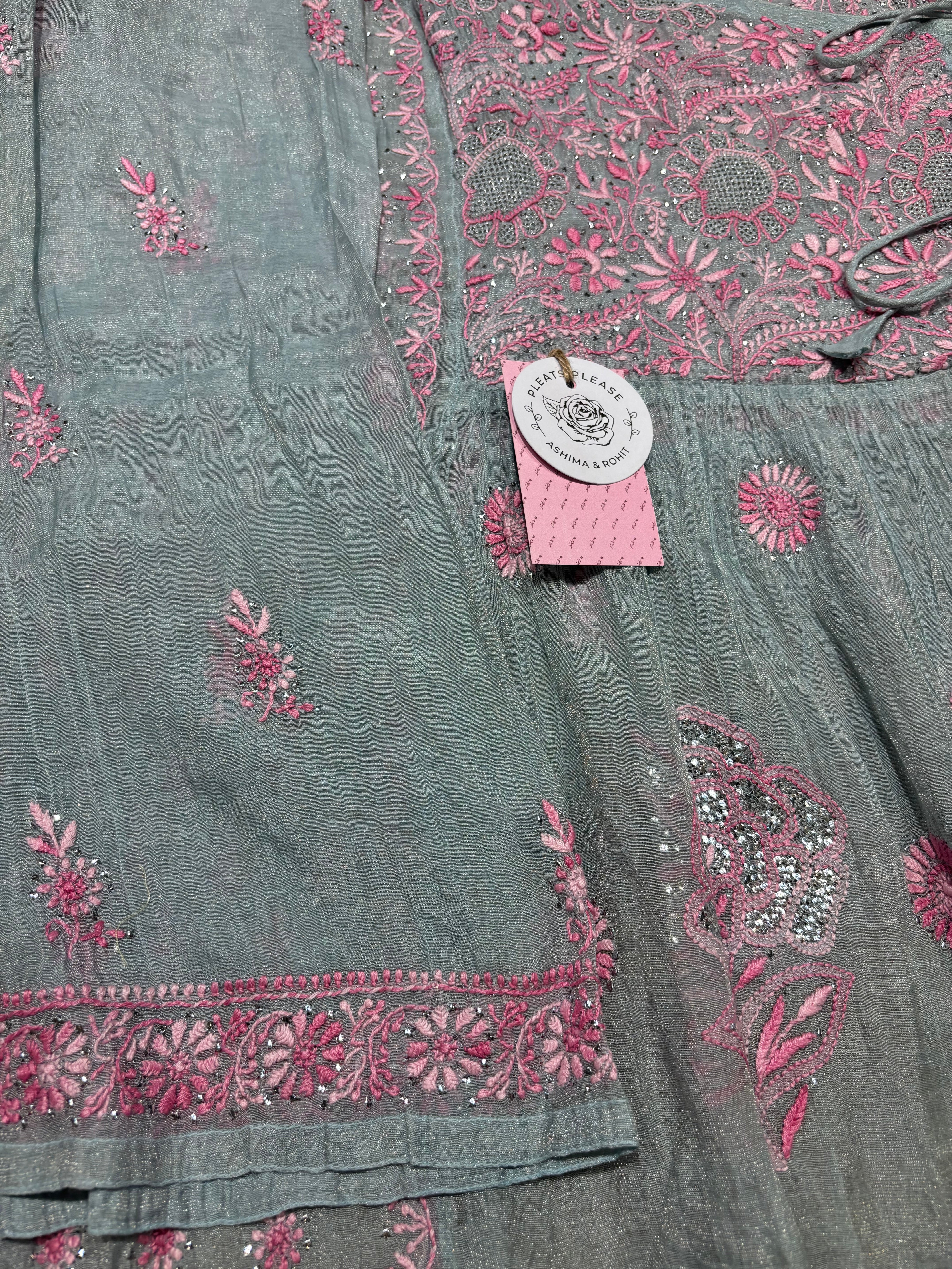 Powder Blue Pure and Premium Tissue Chikankari &Mukaish Angrakha  Kurta and Dupatta Set