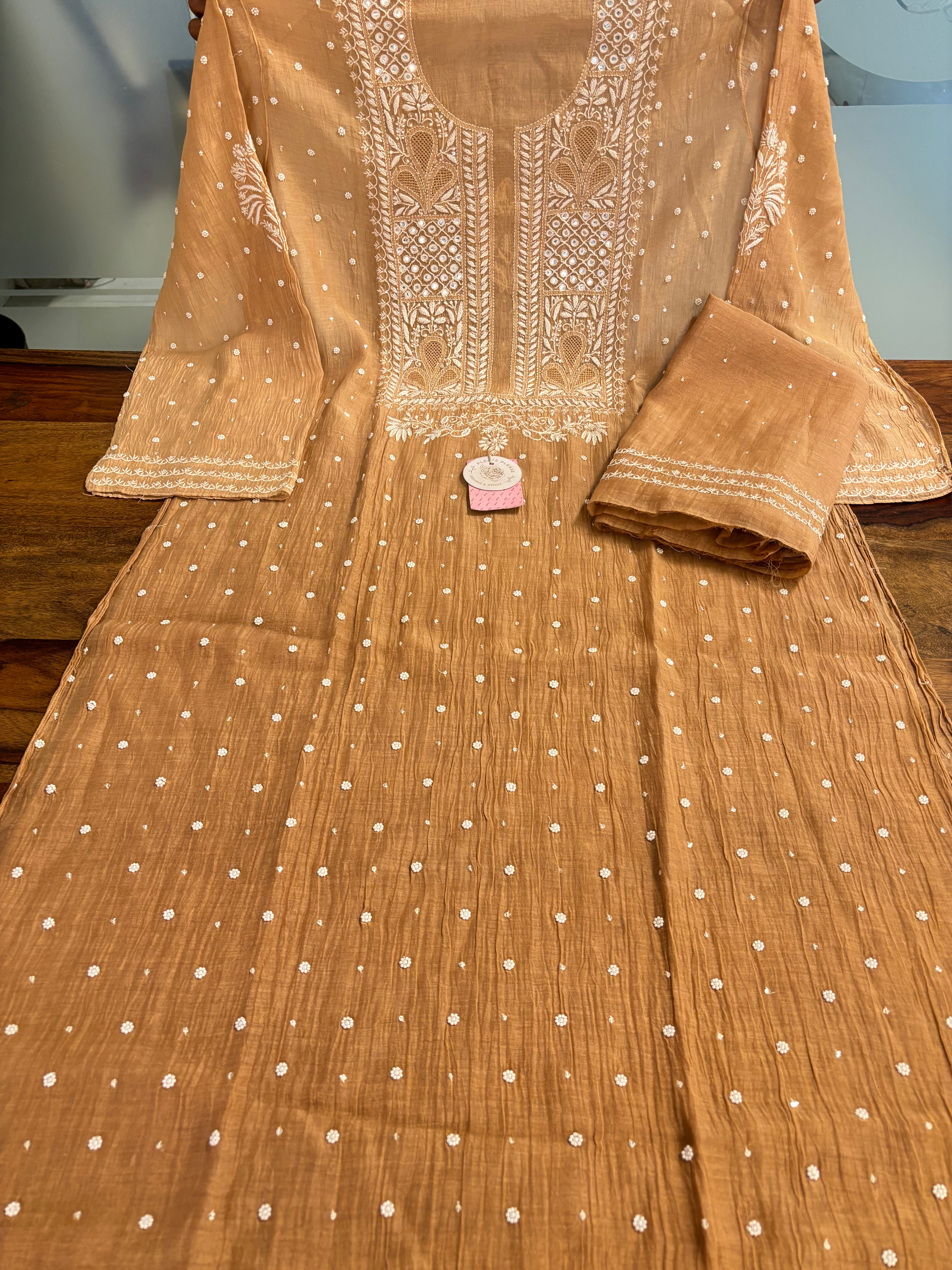 Warm Honey Pure Chanderi Ombre Chikankari Kurta & Dupatta Set