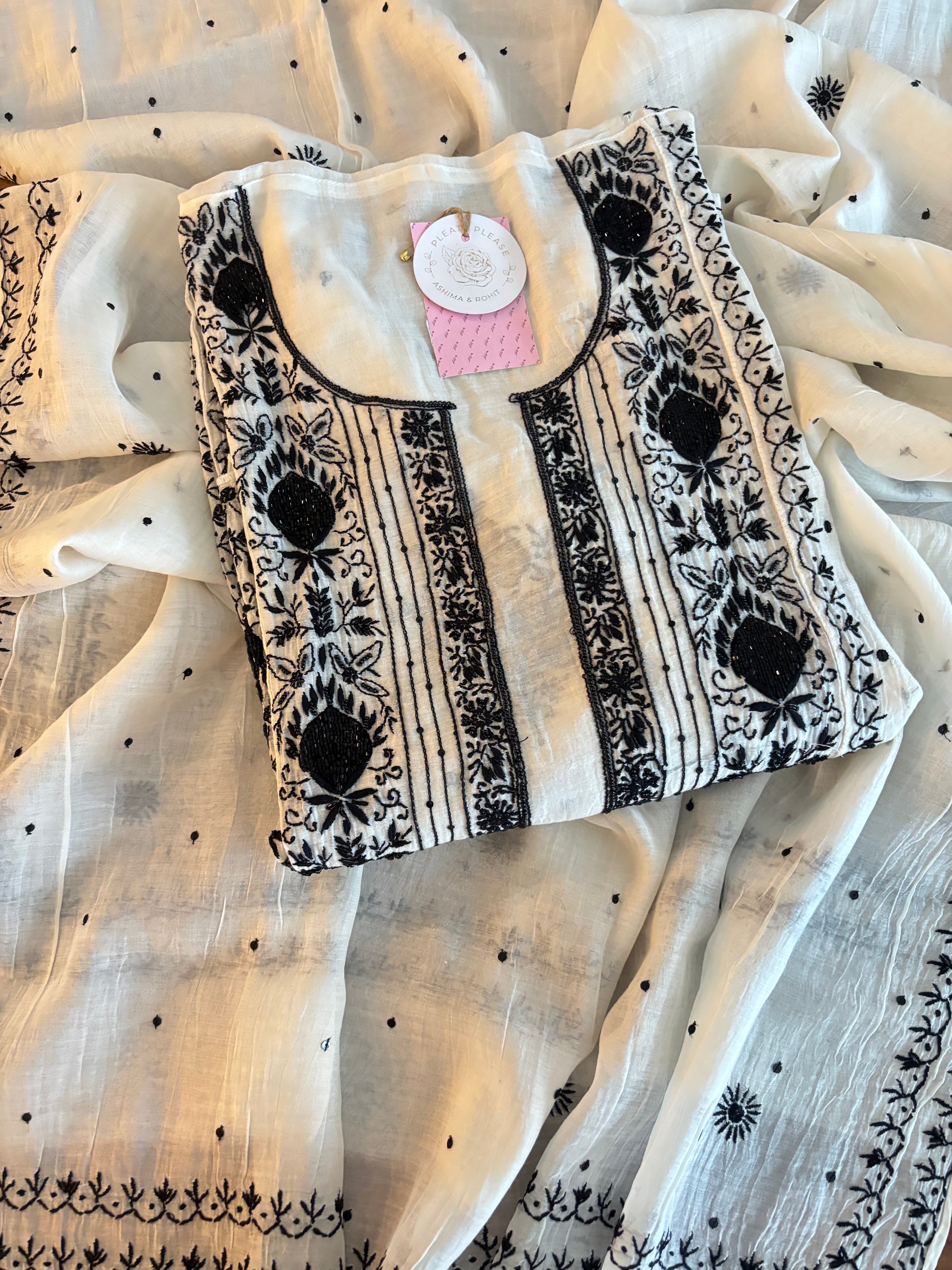 Dyeable Black & White Chanderi Chikankari Kurta & Dupatta