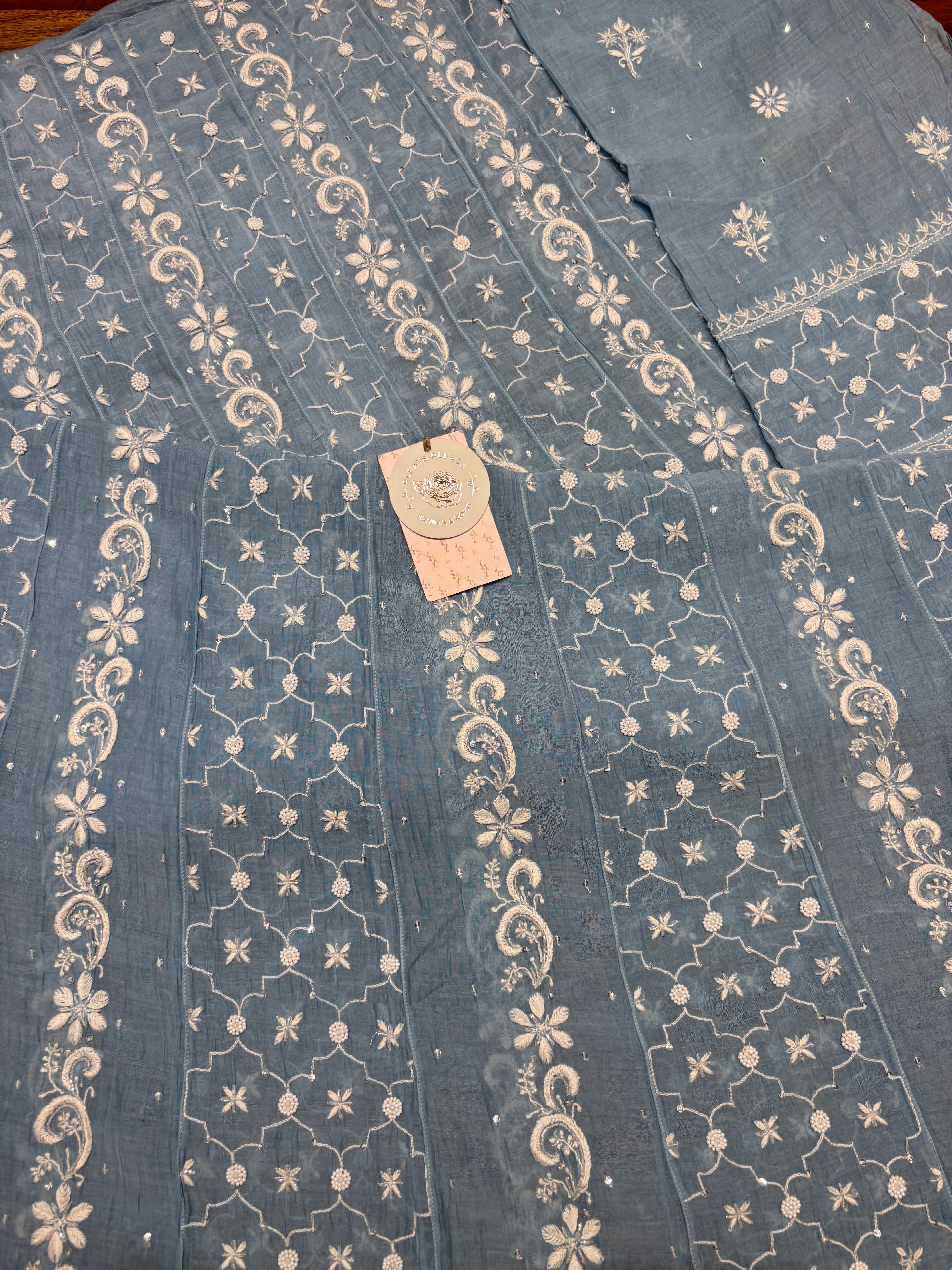 Powder Blue Chanderi Mul Chikankari Anarkali & Dupatta Set