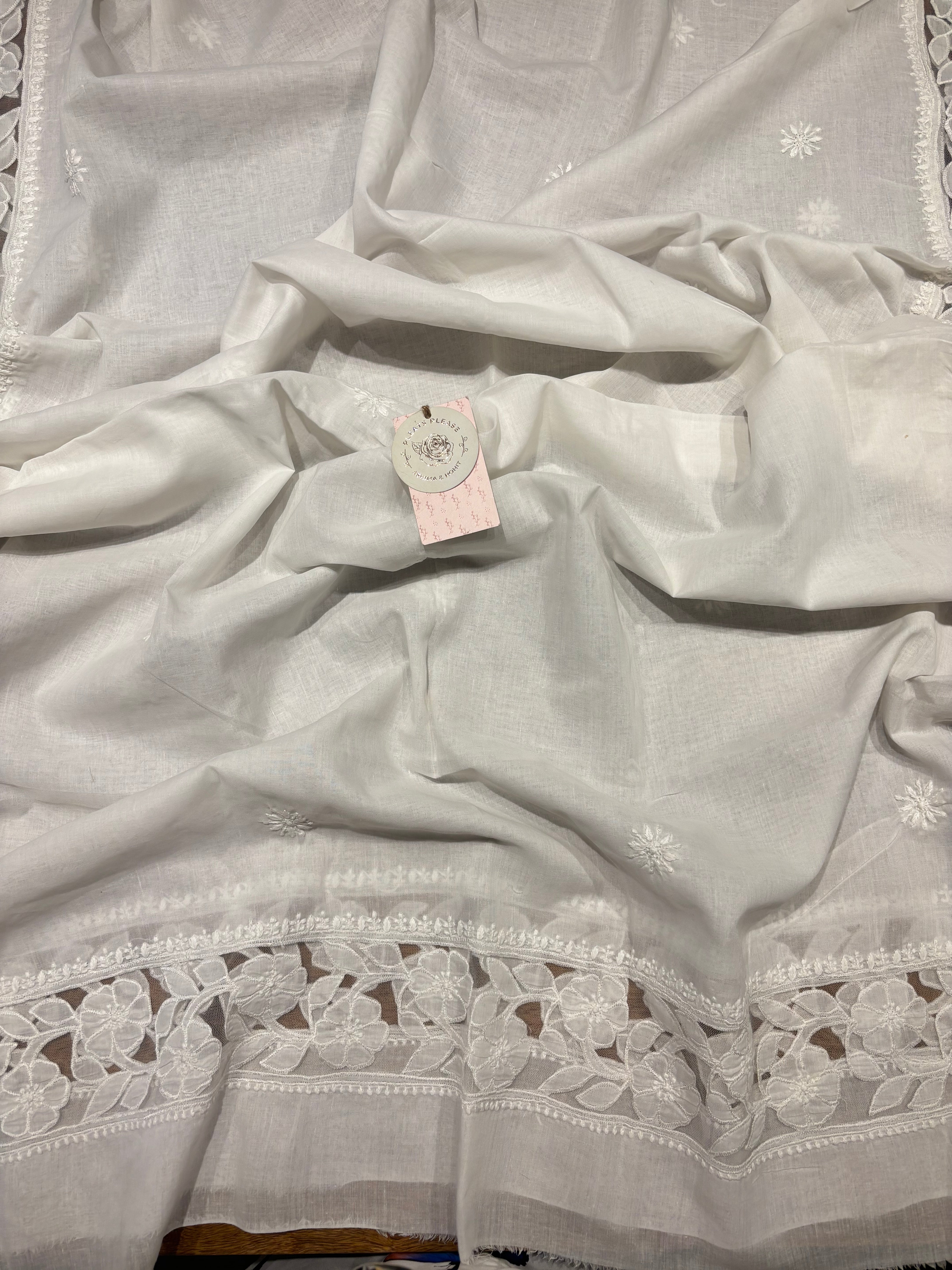 White Mulmul Soft Net Chikankari Applique Kurta And Dupatta Fabric