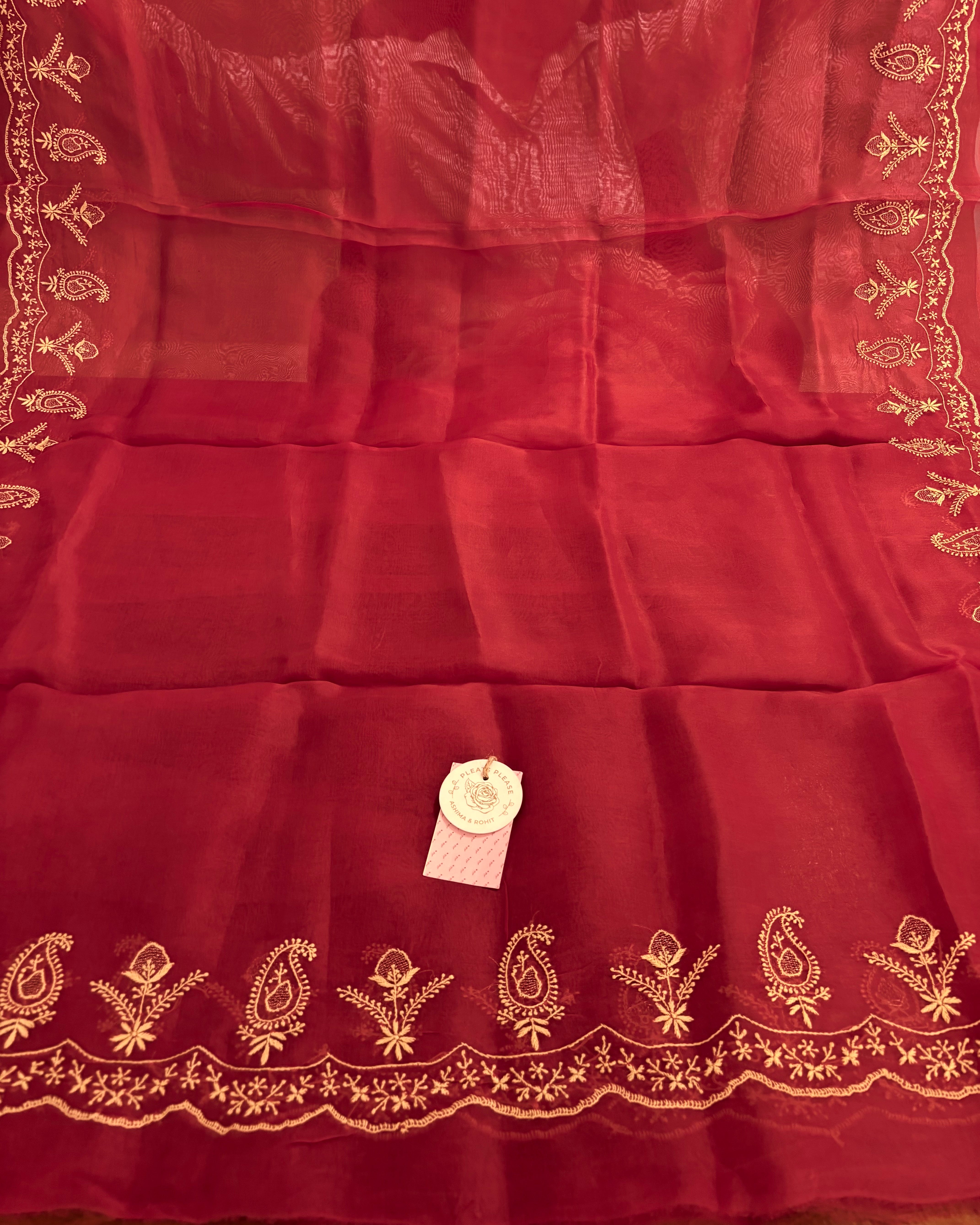 Crimson Red Chanderi Silk Chikankari Kurta,Bottom With Organza Dupatta