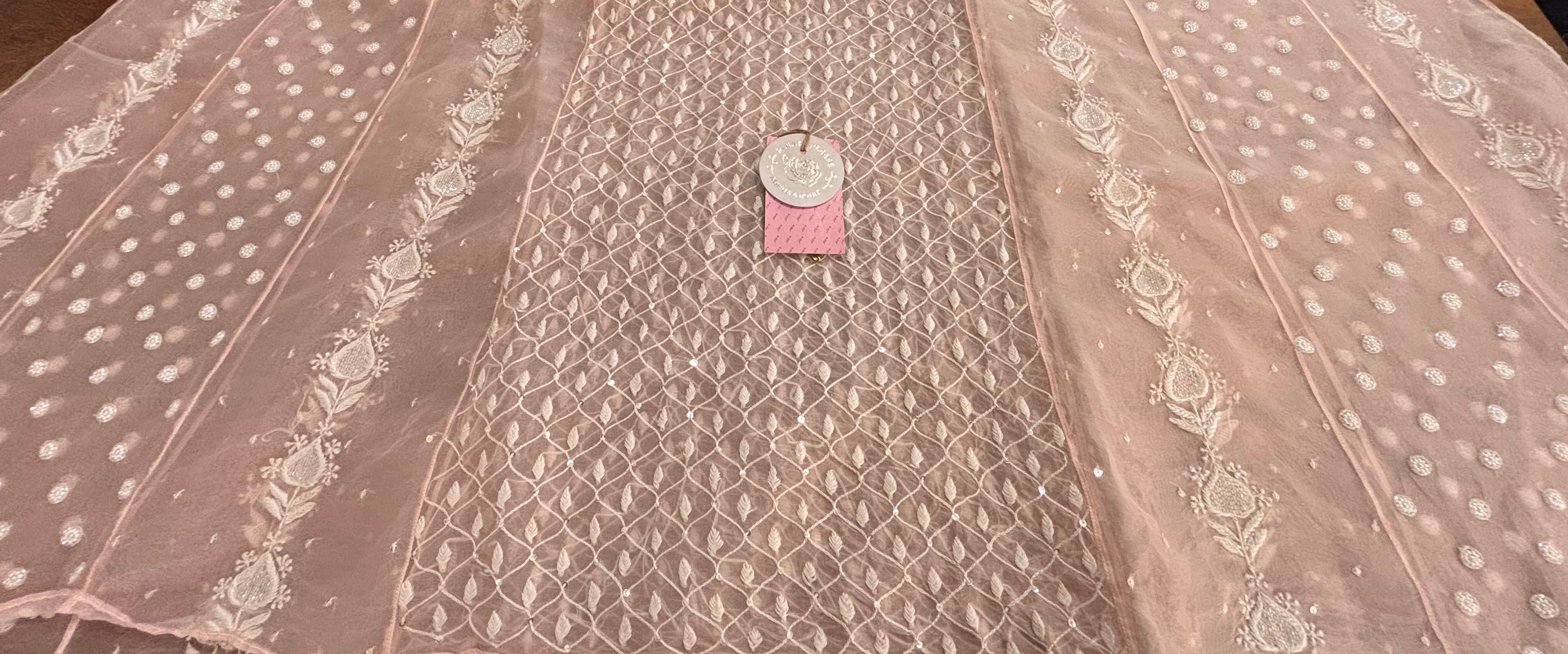 Baby Pink Organza Silk Chikankari Anarkali & Dupatta