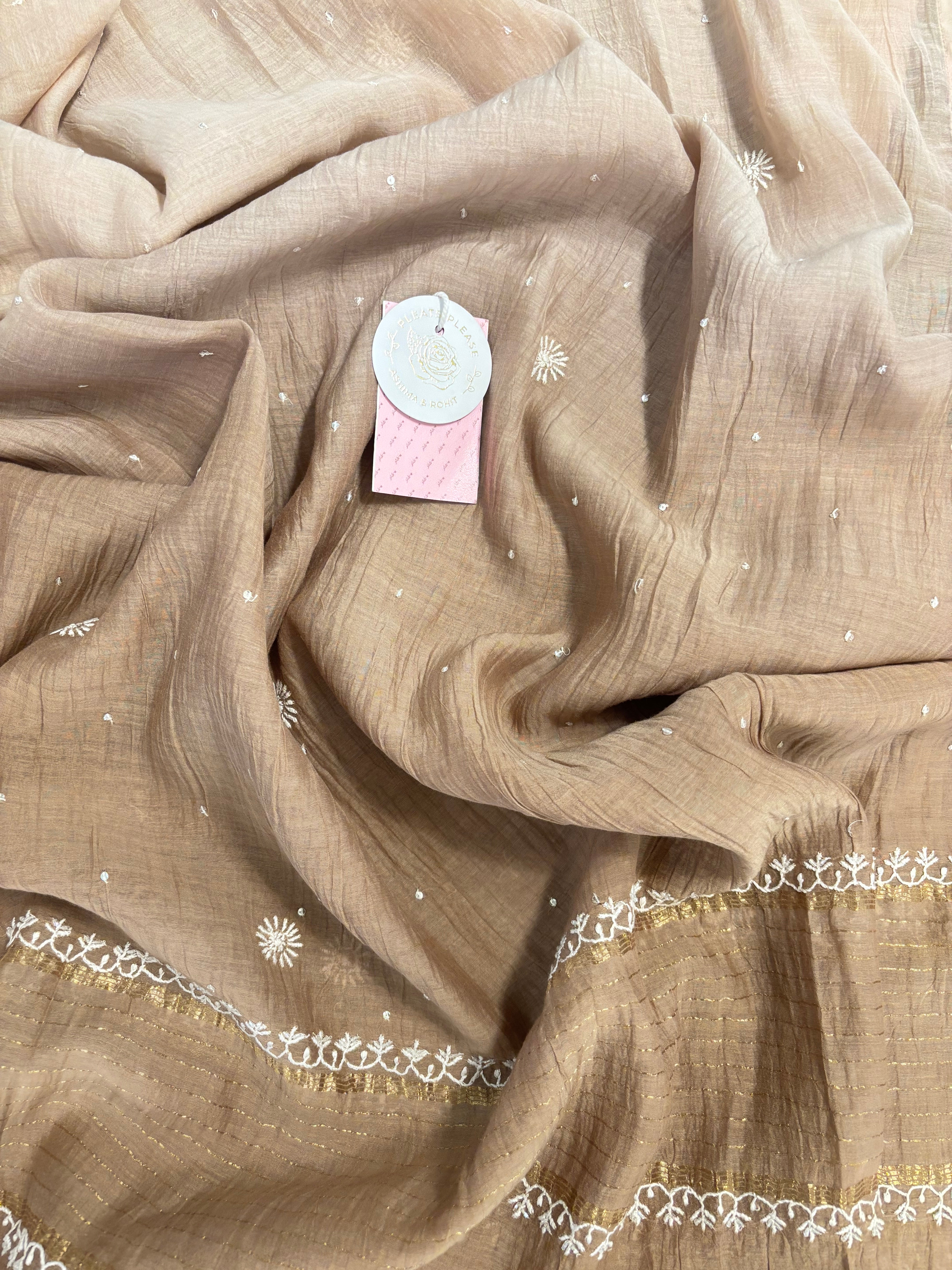 Mocha Brown Ombré Chanderi Mul Chikankari Kurta & Dupatta With Bottom - Pleats PleaseChikankari