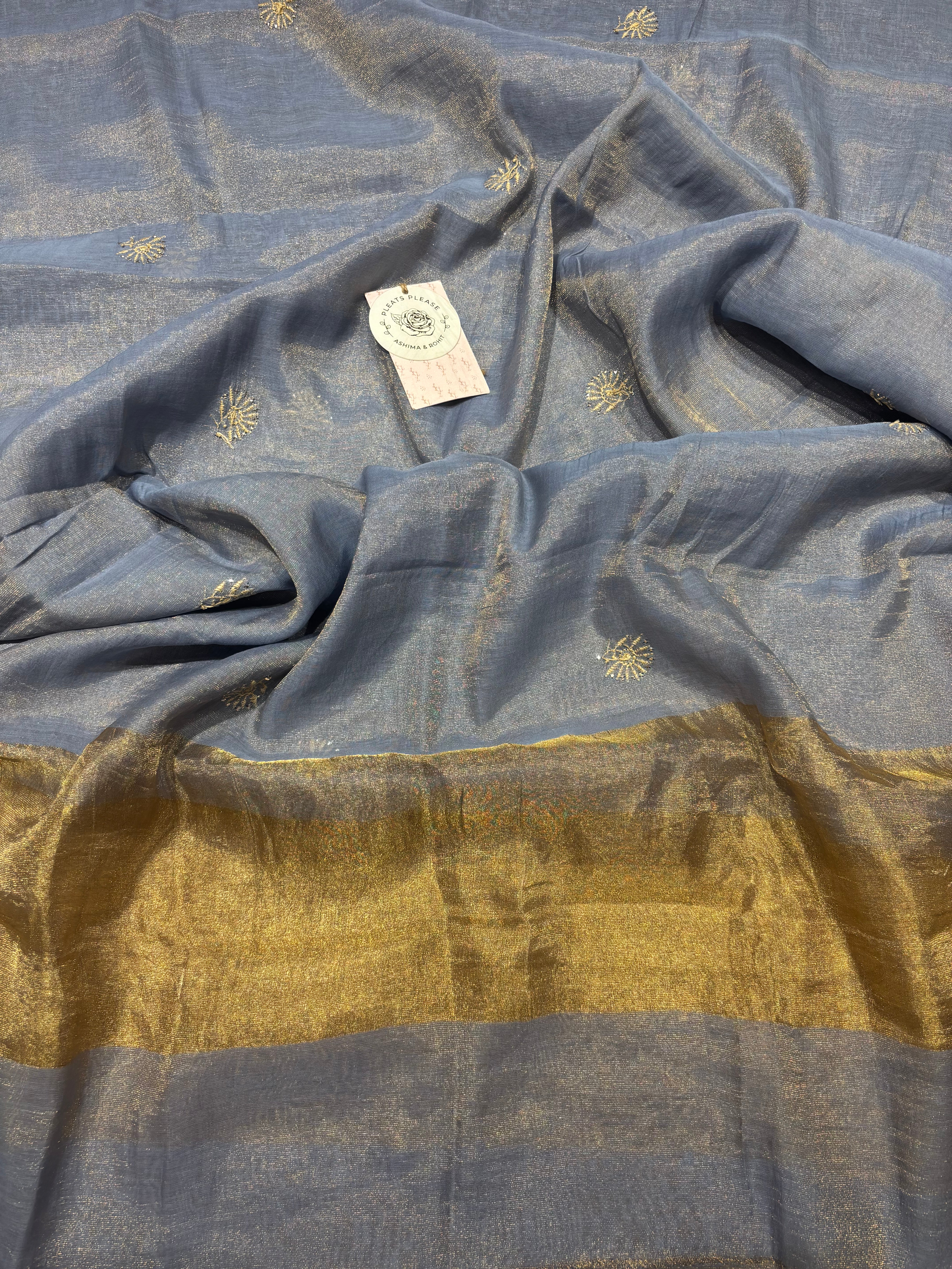 Blue Pure and Premium Tissue Chikankari & Mukaish Angrakha Kurta and Dupatta Set