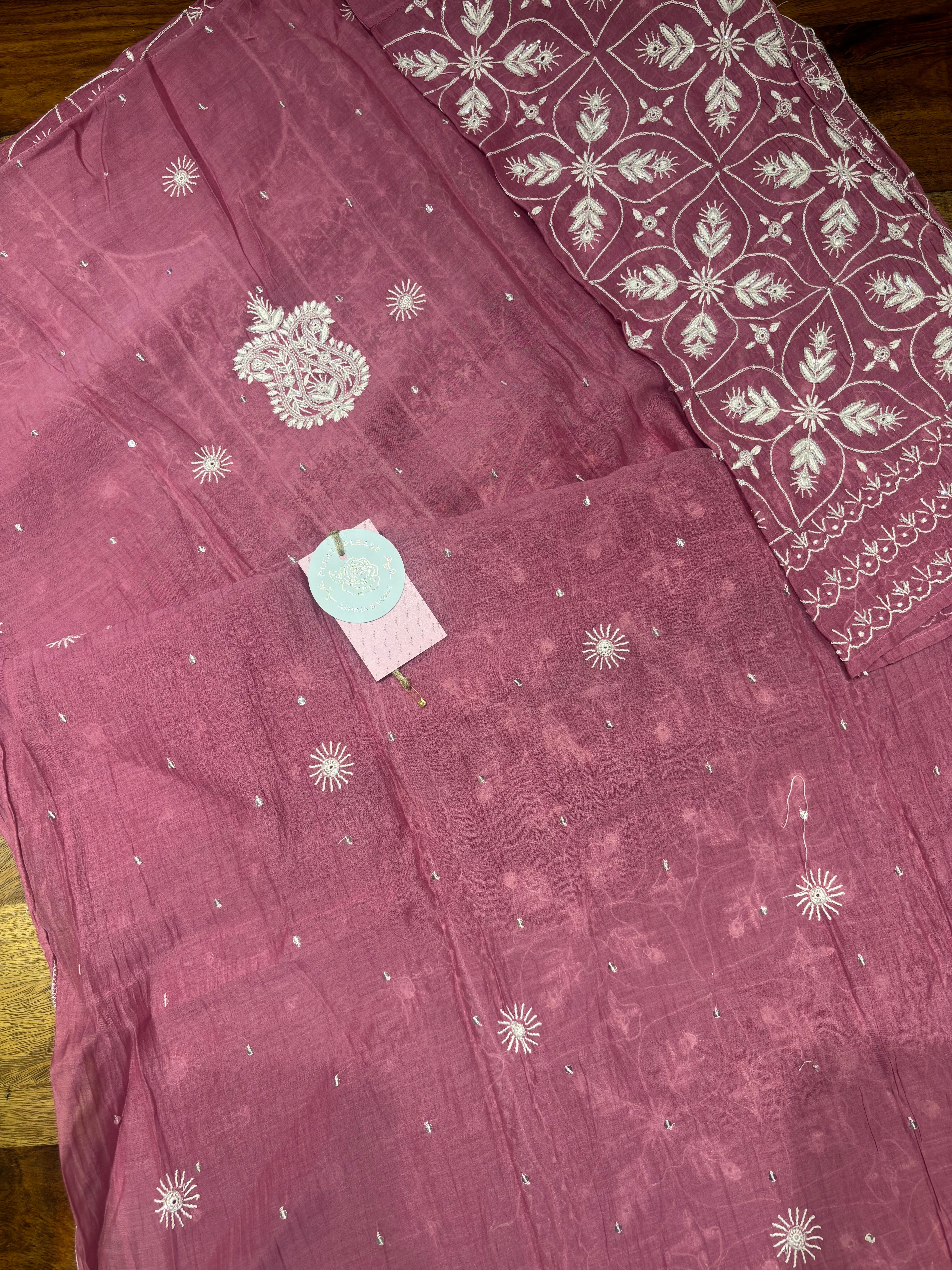 Flamingo Pink Chanderi Mul Chikankari Kurta & Dupatta Set