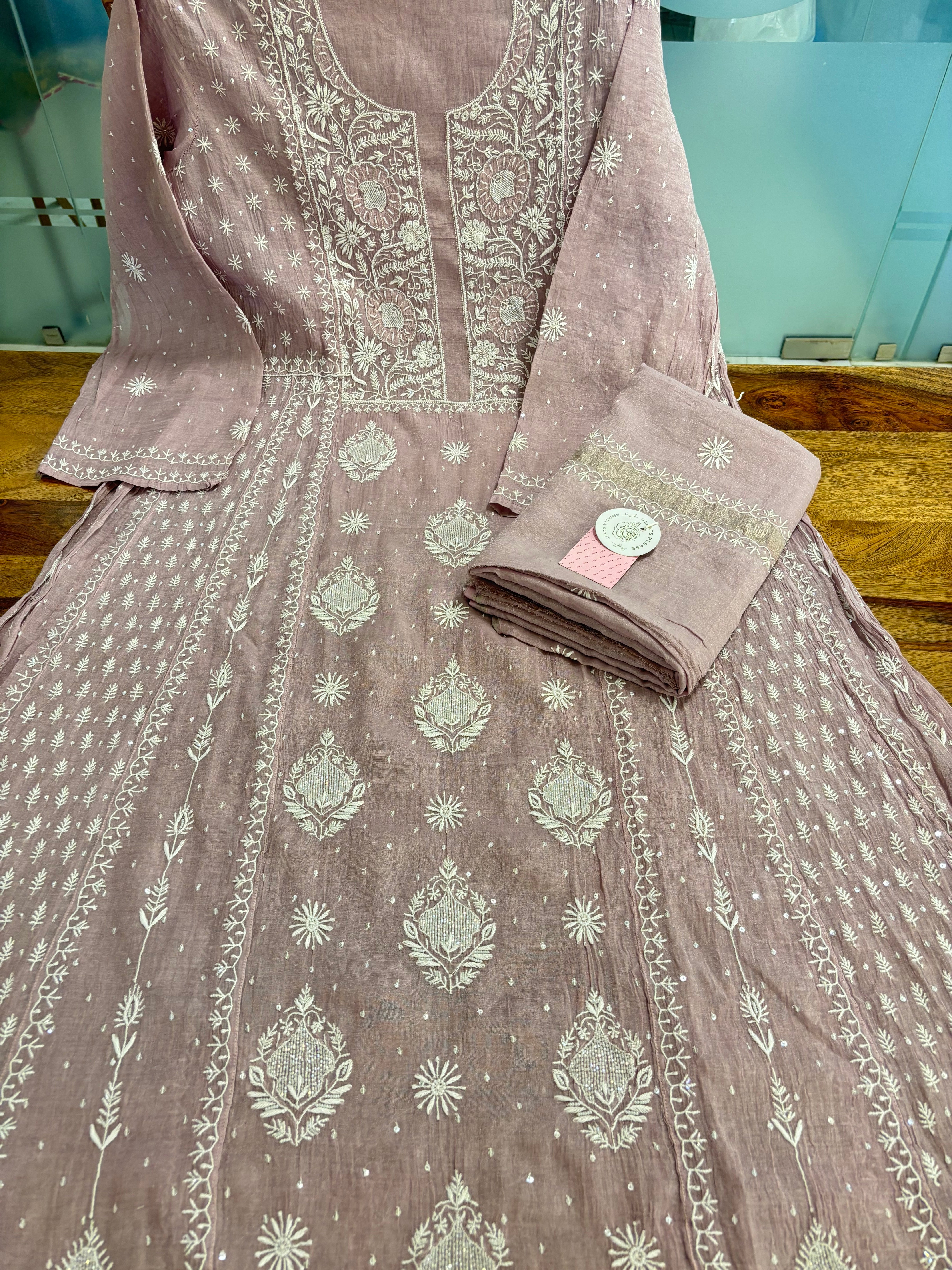 Mauve Pink Pure Tissue Chikankari Anarkali & Dupatta Set