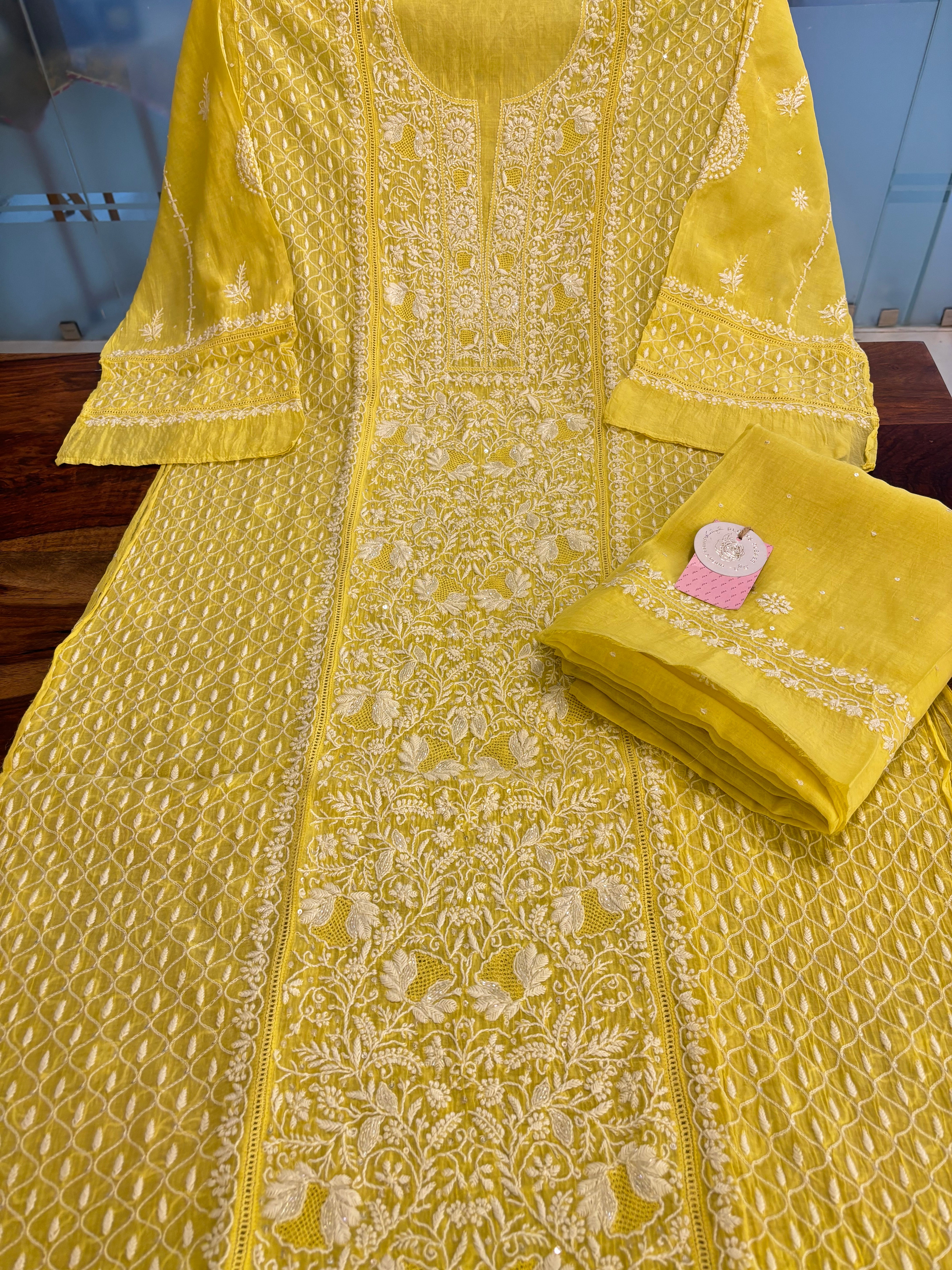Lemon Yellow Chanderi Chikankari Kurta & Dupatta