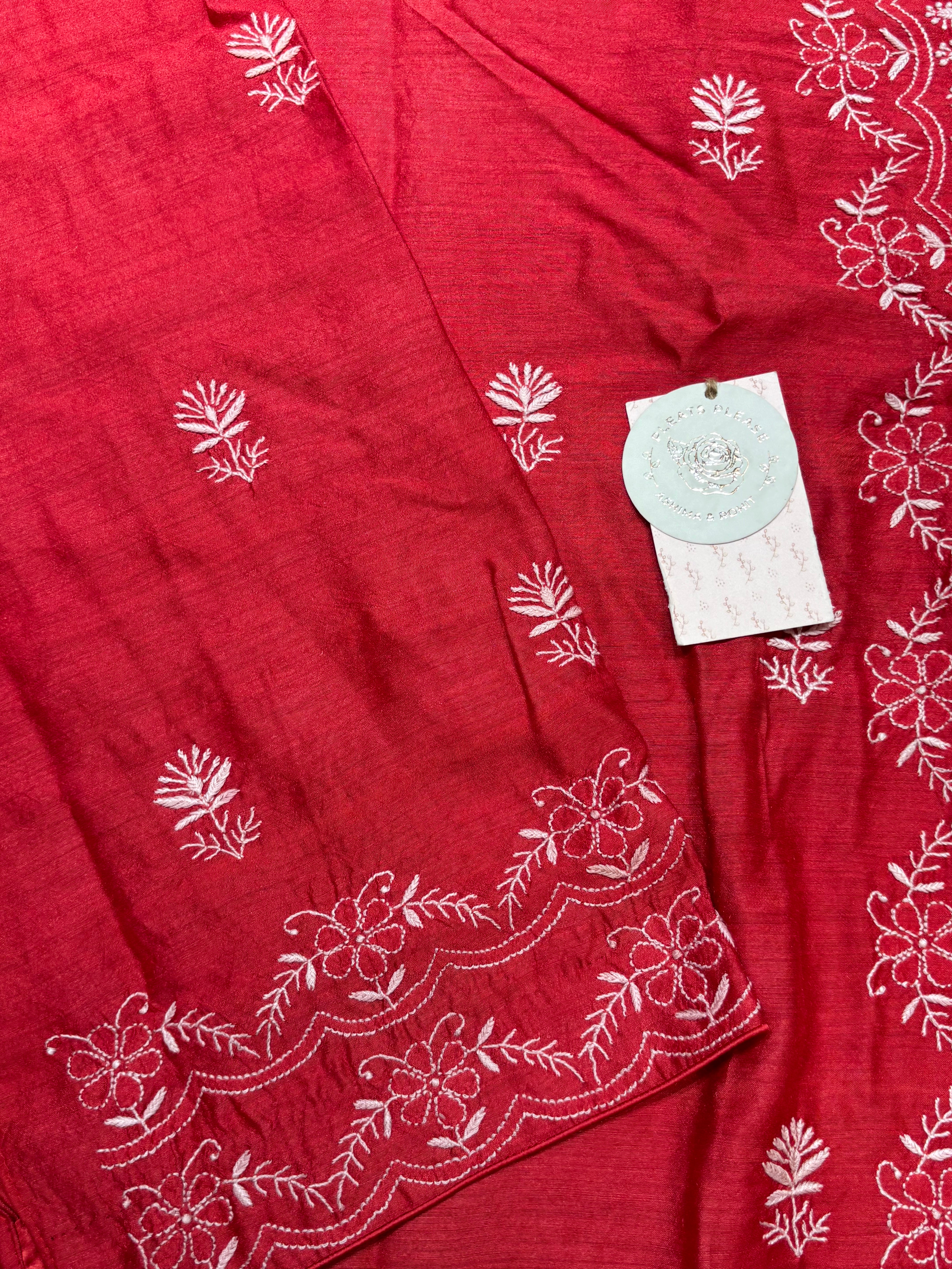 Crimson Red Monga Silk Chikankari Kurta And Dupatta Fabric