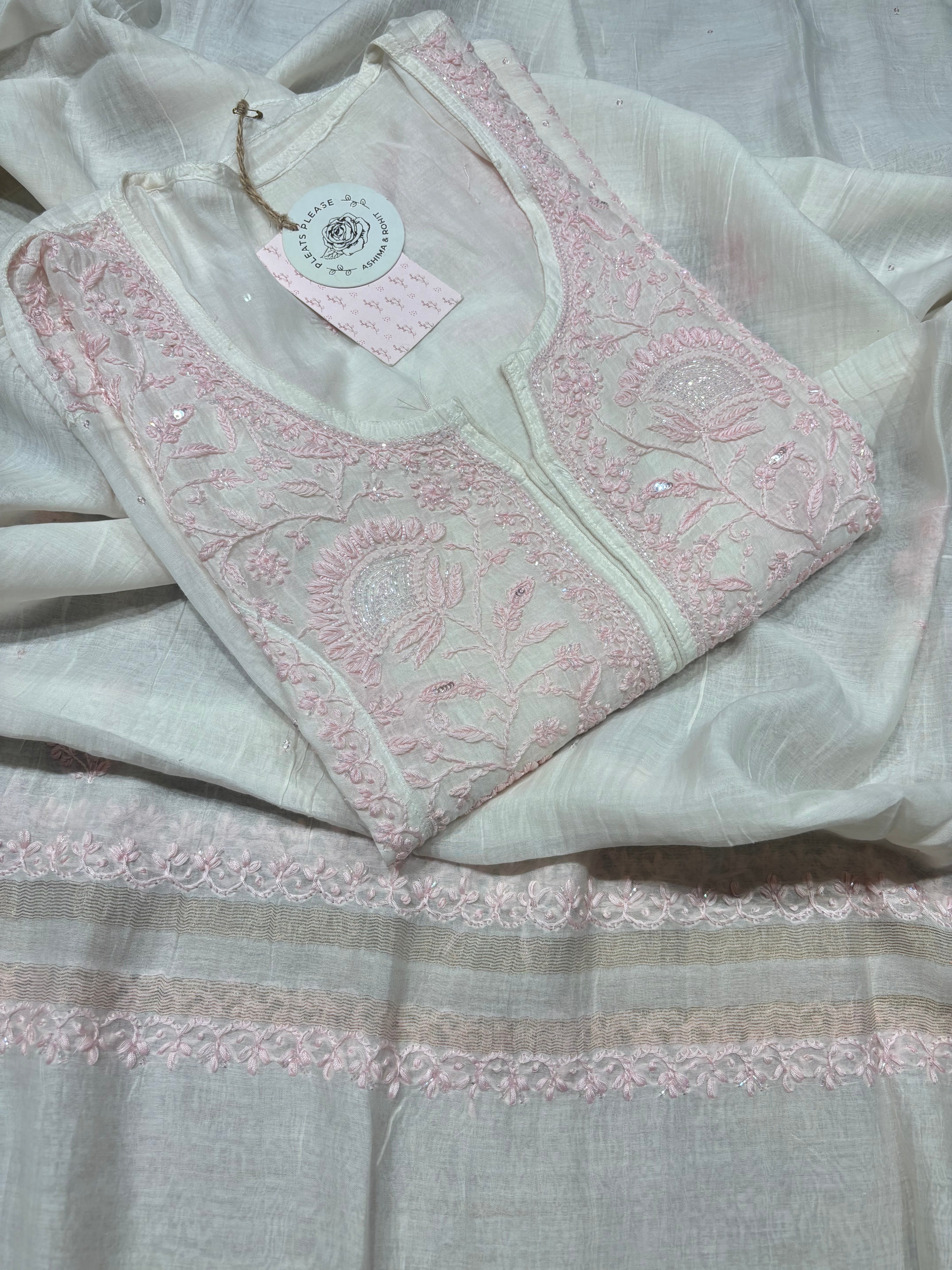 Dyeable Chanderi Mul Chikankari Kurta and Dupatta set