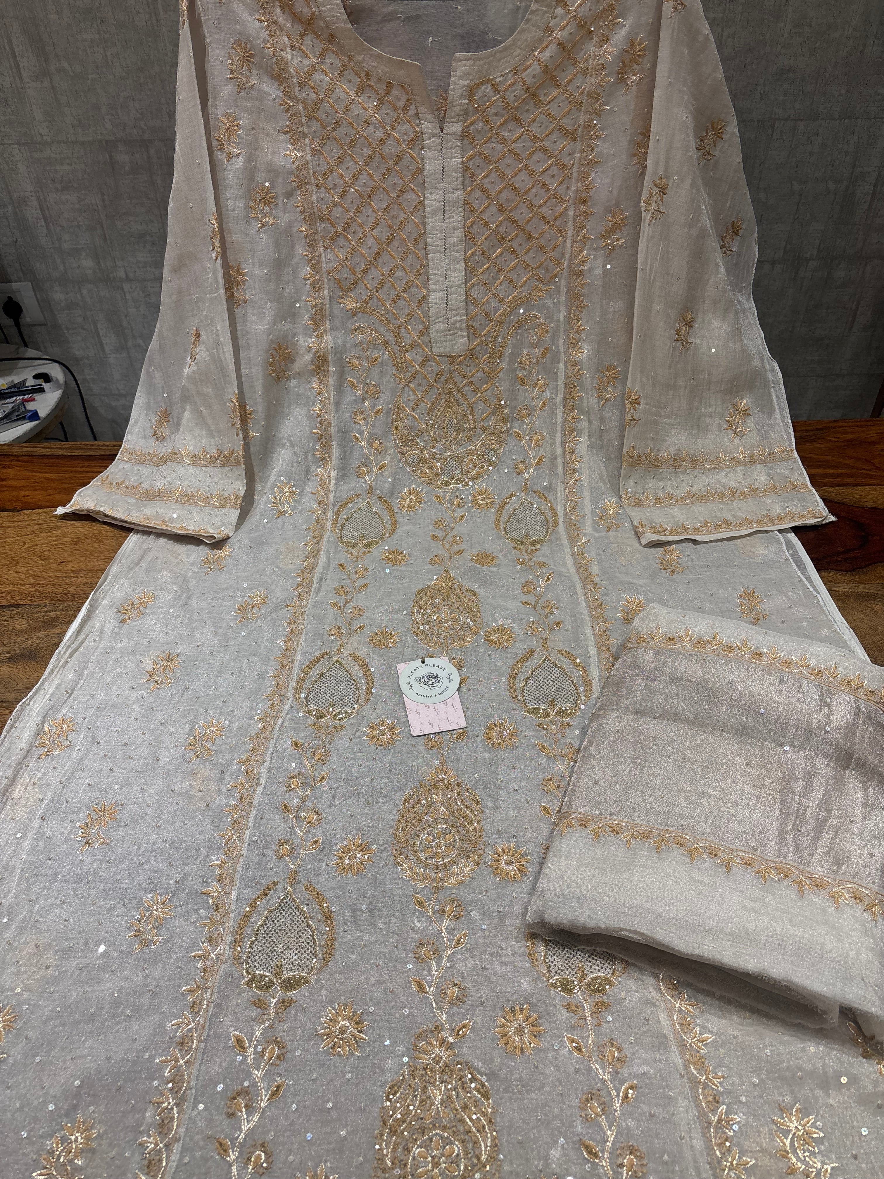 Dyeable Pure & Premium Silver Tissue Chikankari Kurta & Dupatta Set