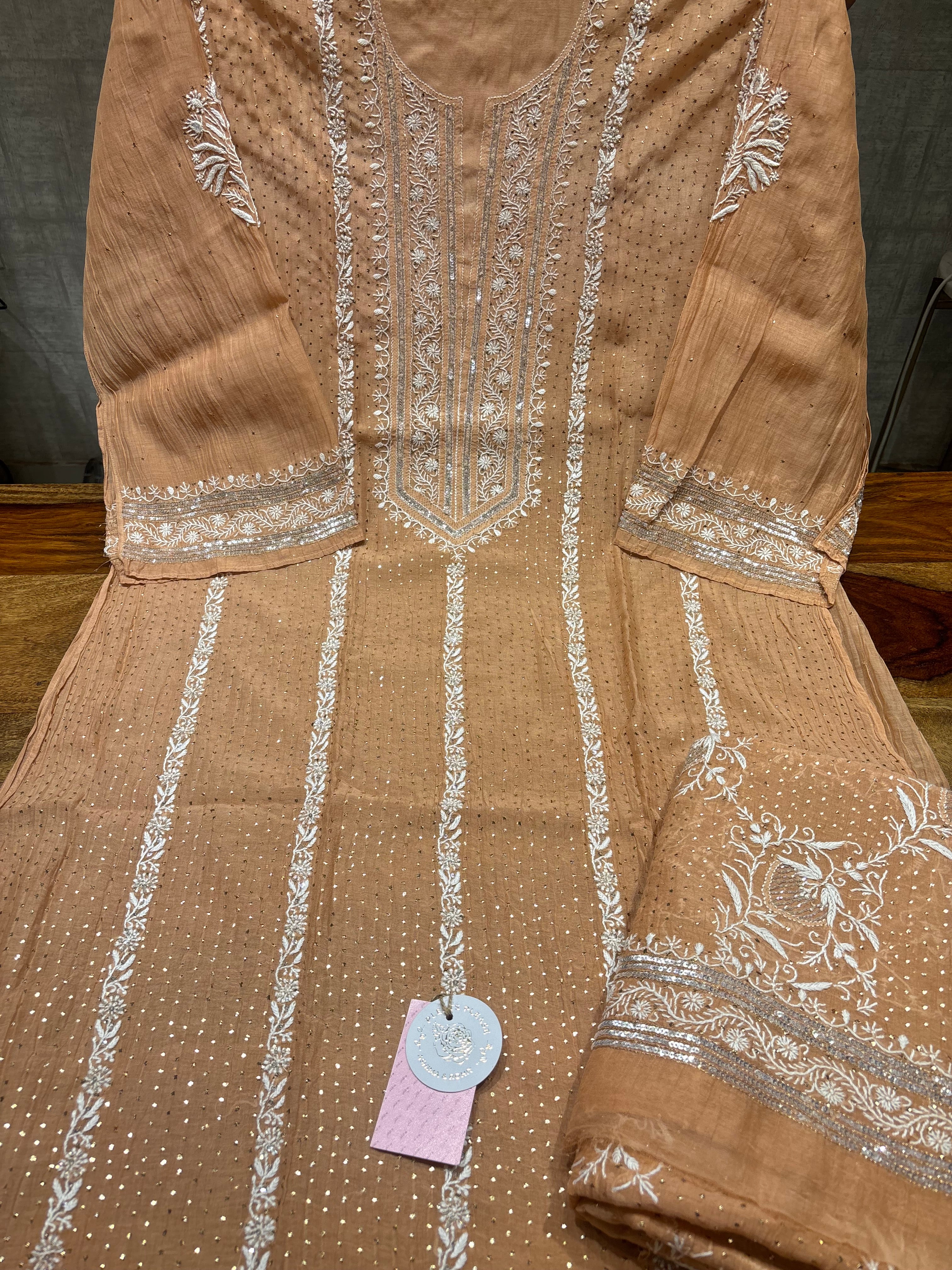 Brown Museli chanderi Mul Chikankari Kurta and Dupatta set