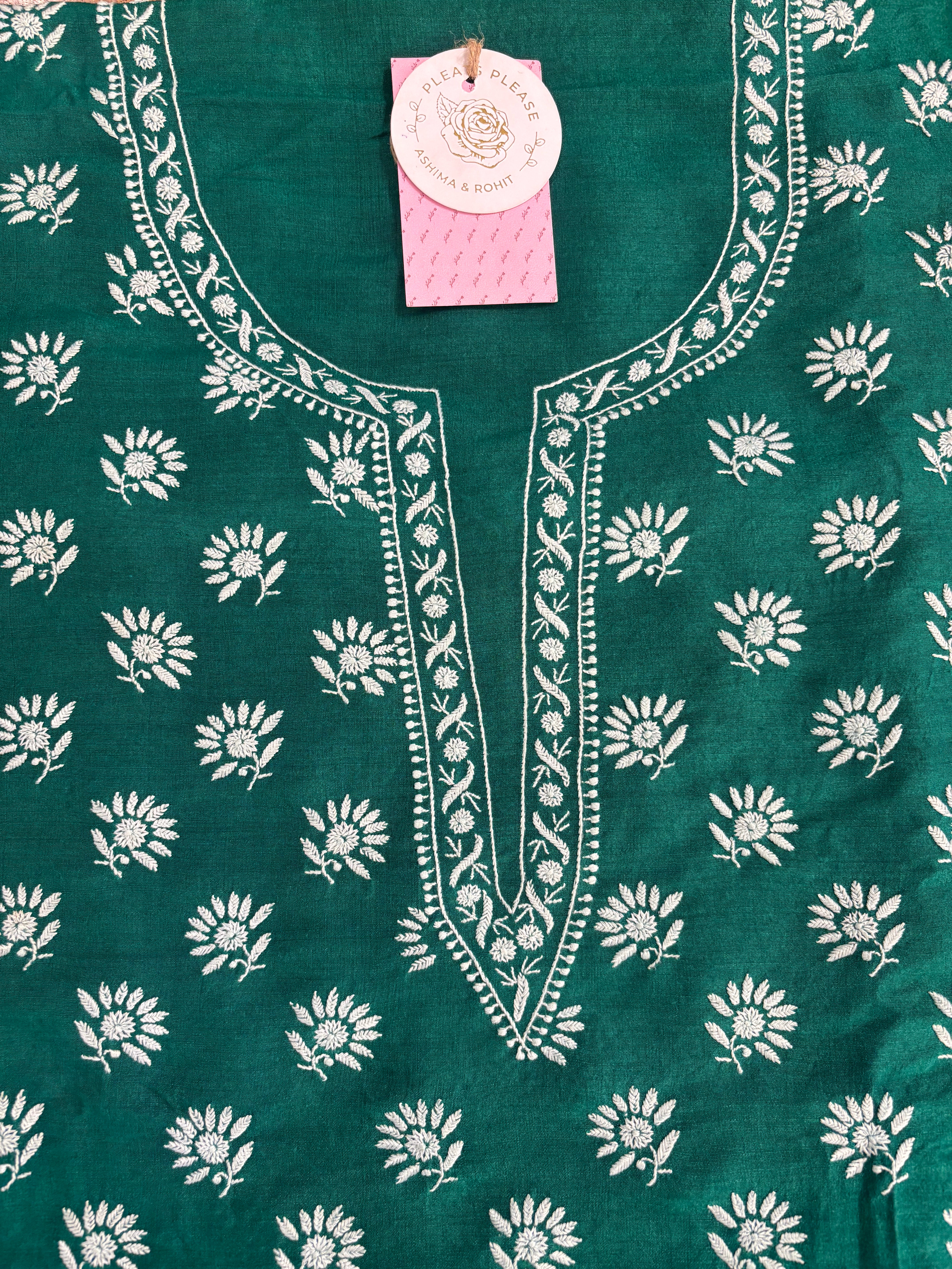 Emerald Green Monga Silk Chikankari Kurta & Dupatta