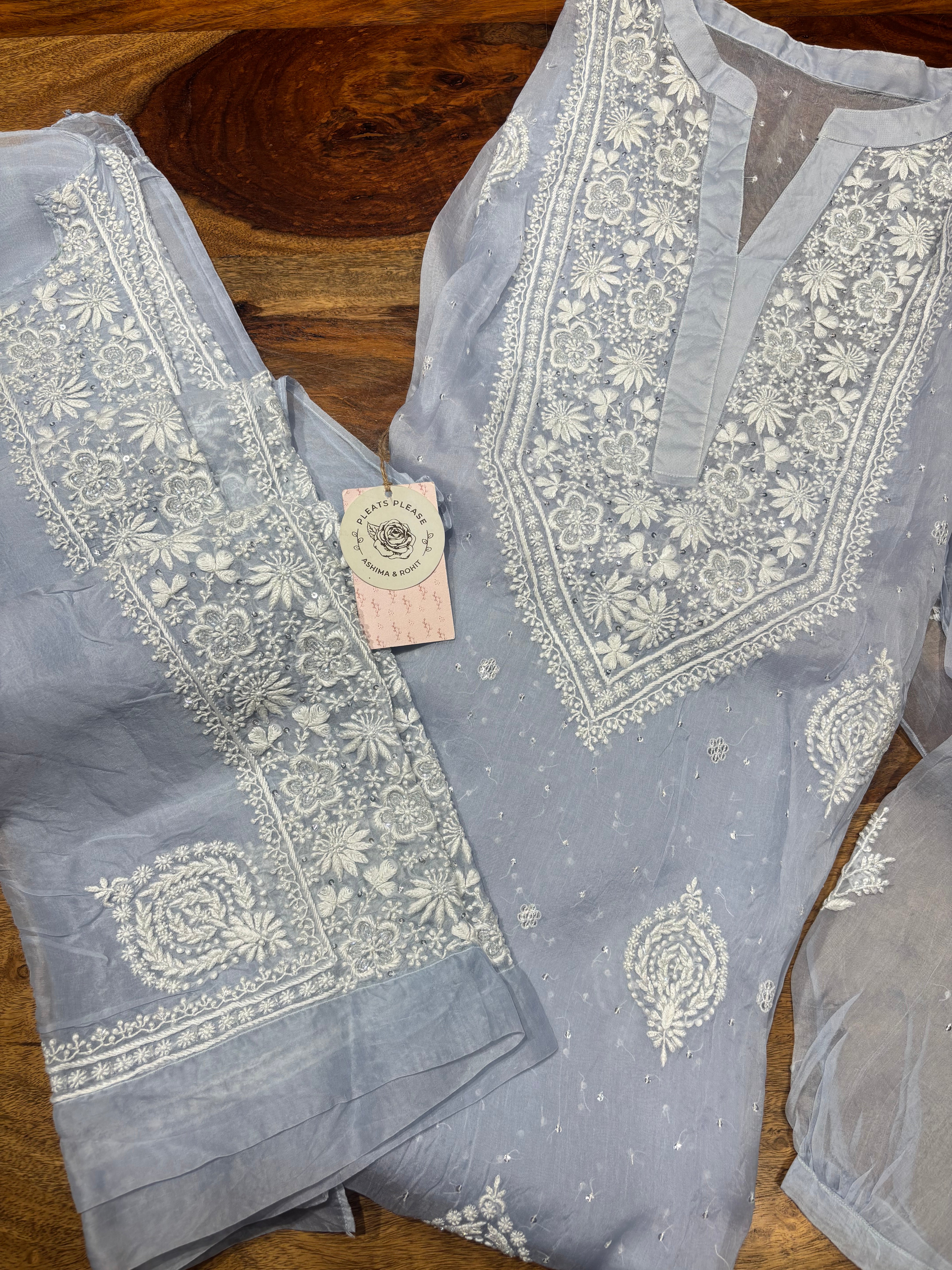 Tealish Blue Pure & Premium Organza Silk Chikankari Co-ord Set