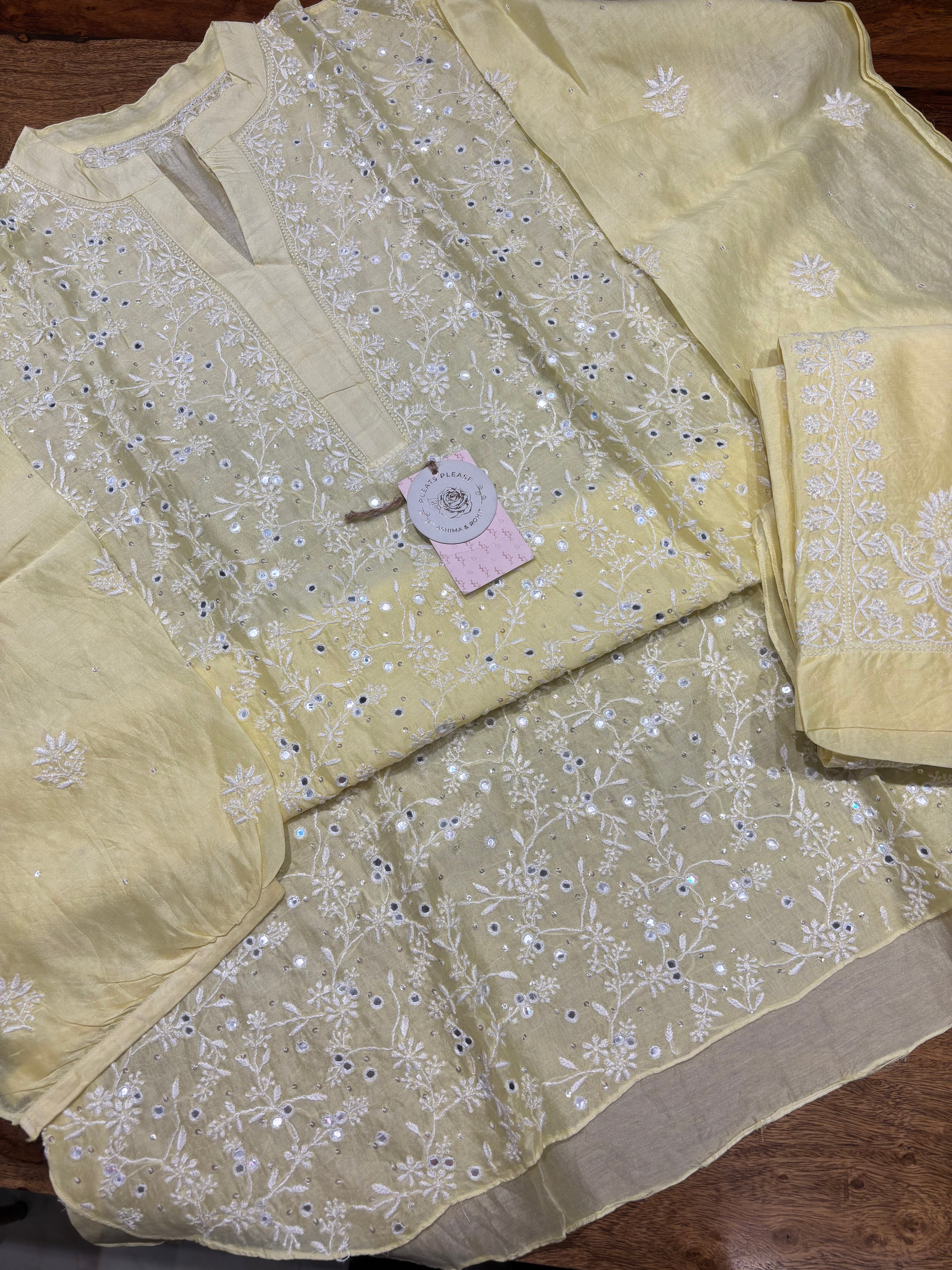 Lime Yellow Chanderi Silk Chikankari  Co-ord Set