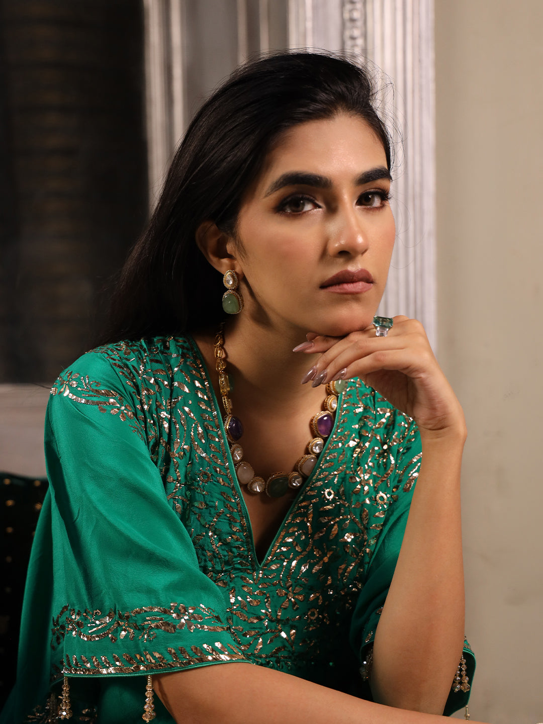 Jade Green Pure & Premium Silk Mukaish Kaftan Dress