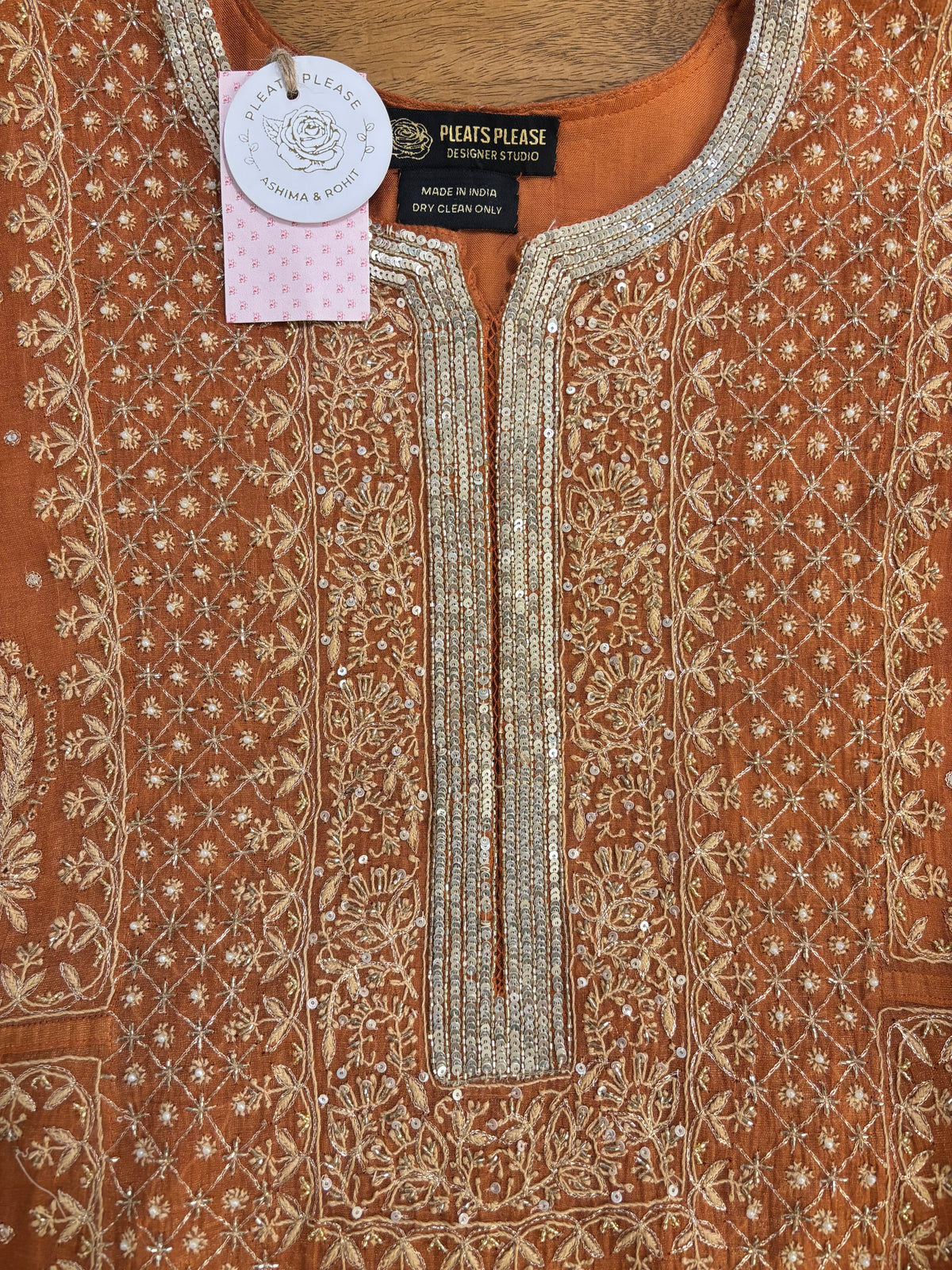 Burnt Orange Pure & Premium Tissue Chikankari Anarkali And Dupatta With Bottom