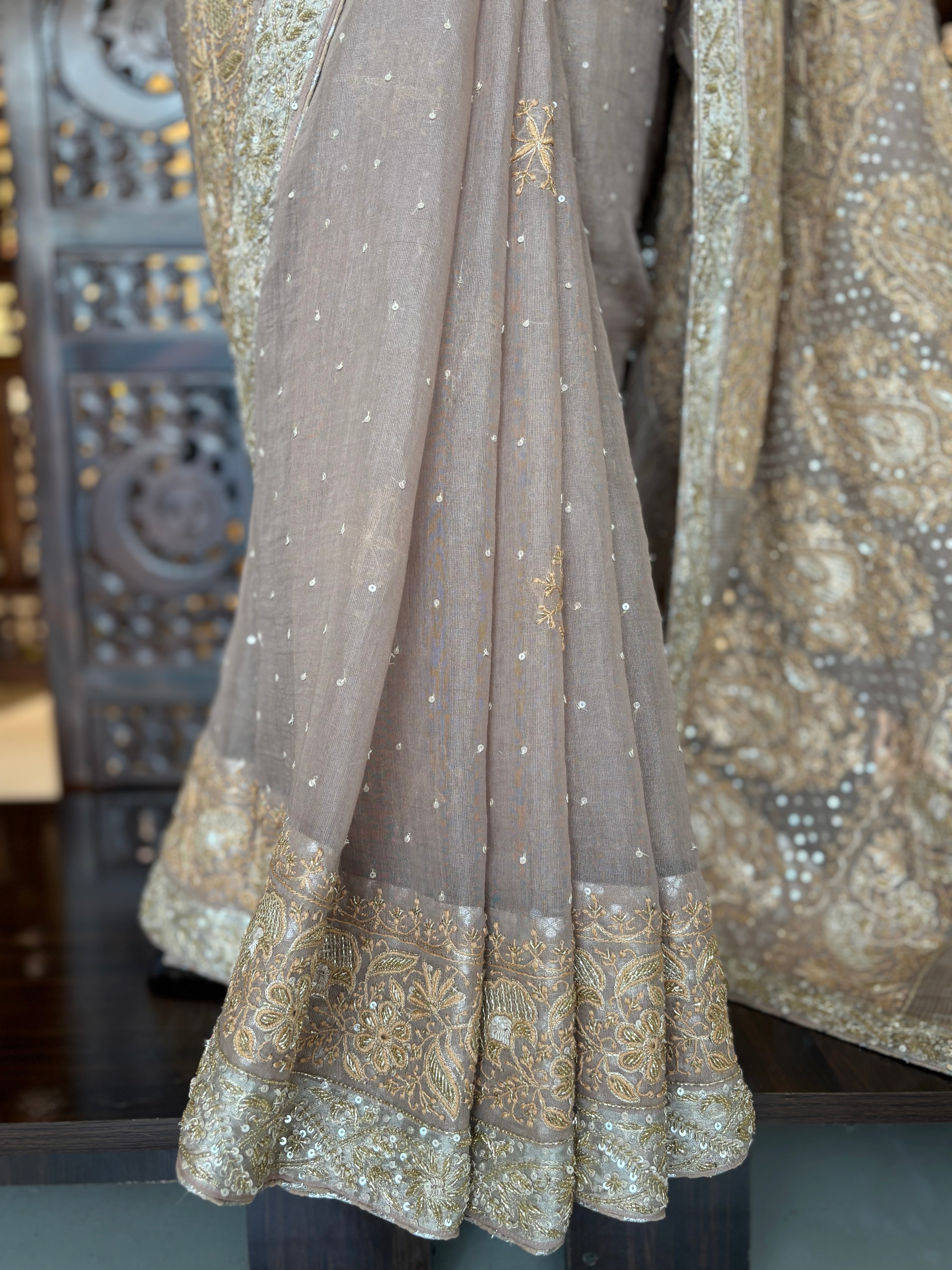 Antique Rose Gold Pure & Premium Tissue Chikankari Saree