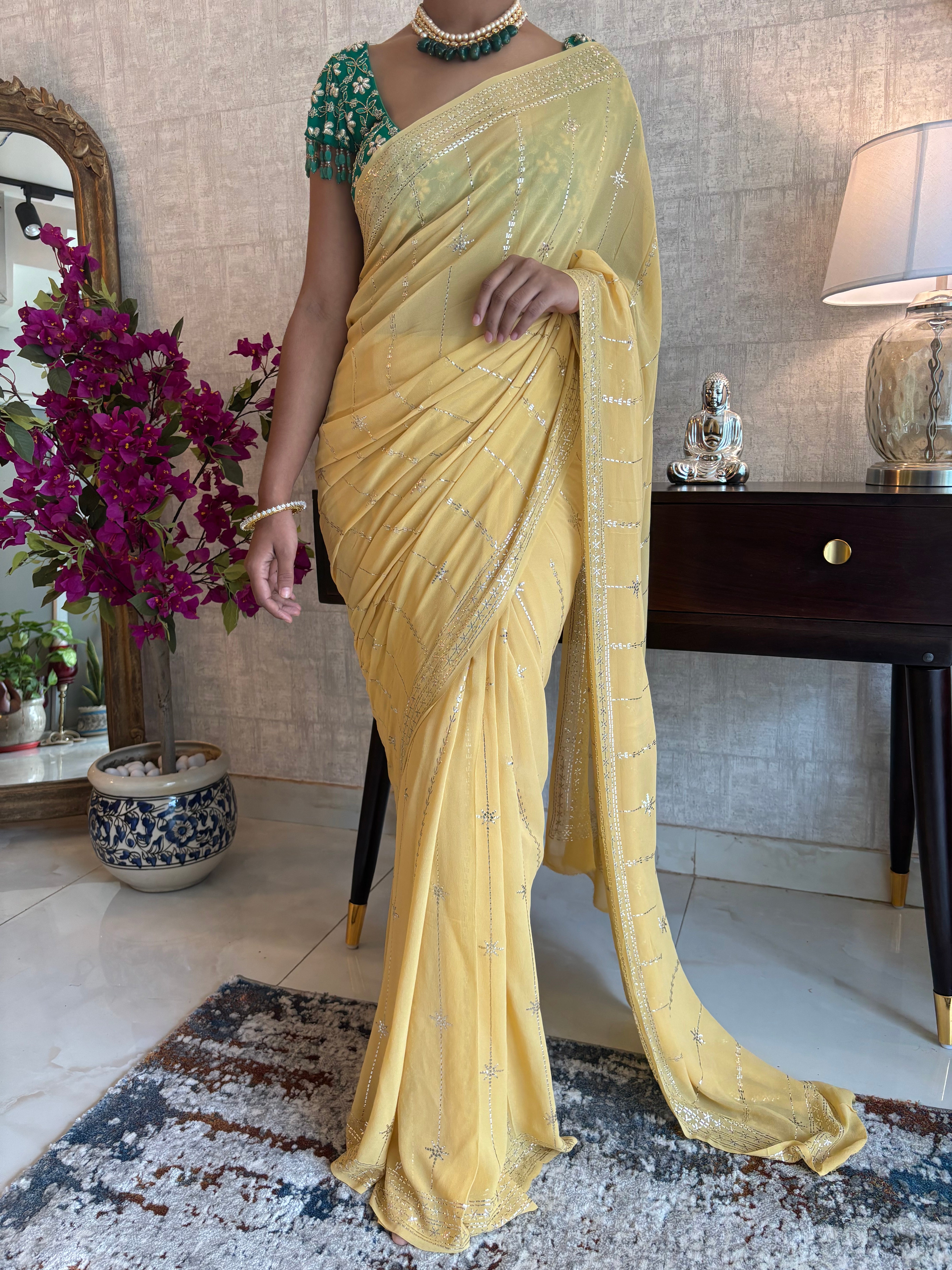 Macaroon Pure And Premium Georgette Mukaish Saree And Blouse
