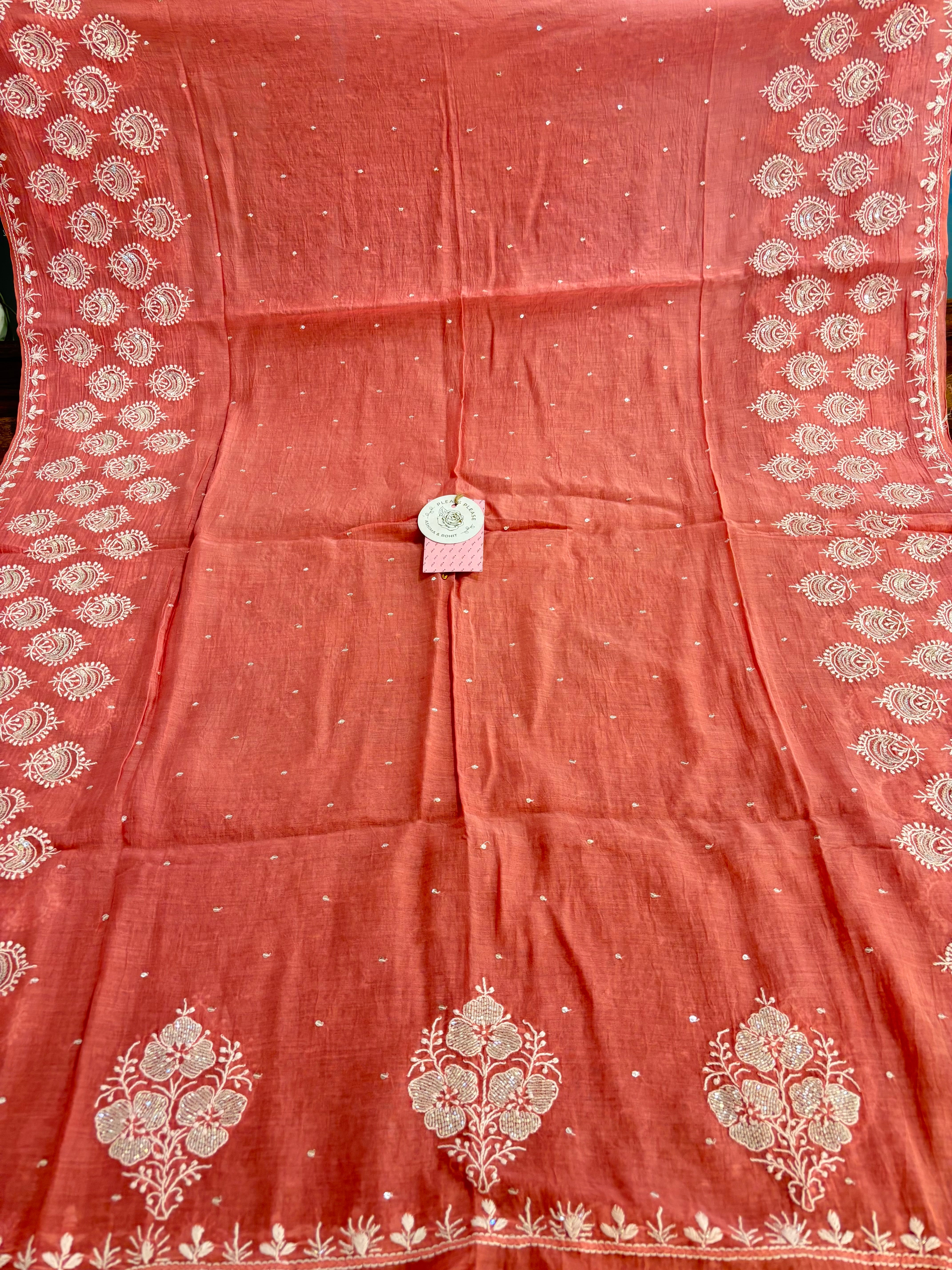 Peach Chanderi Mul Chikankari Kurta & Dupatta