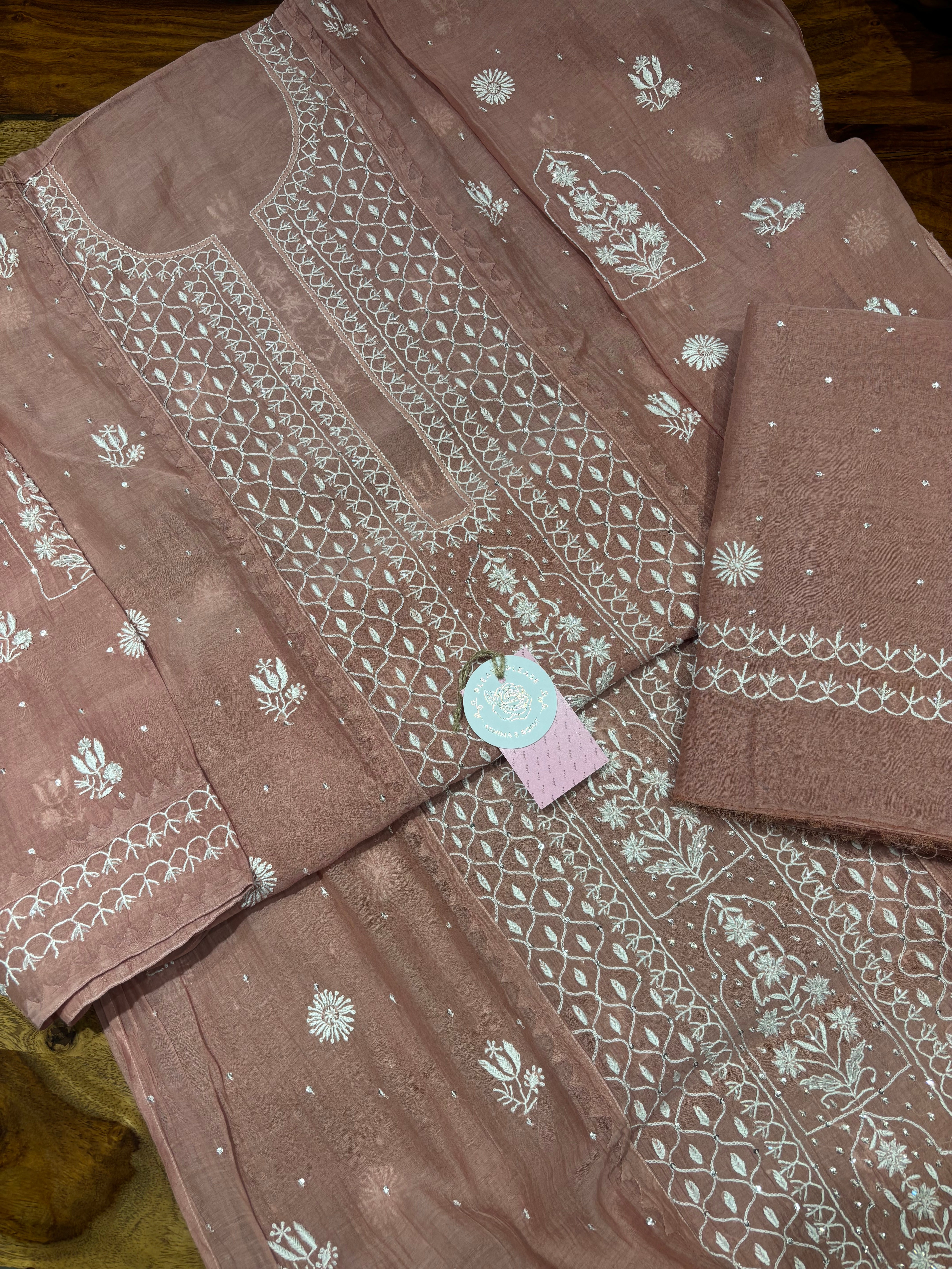 Rosegold Chanderi Mul Chikankari Kurta & Dupatta Set