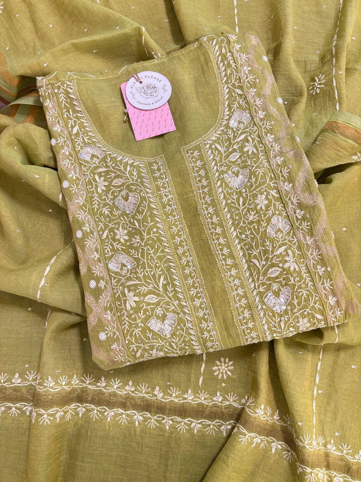 Bright Green Tissue Chanderi Chikankari Kurta & Dupatta