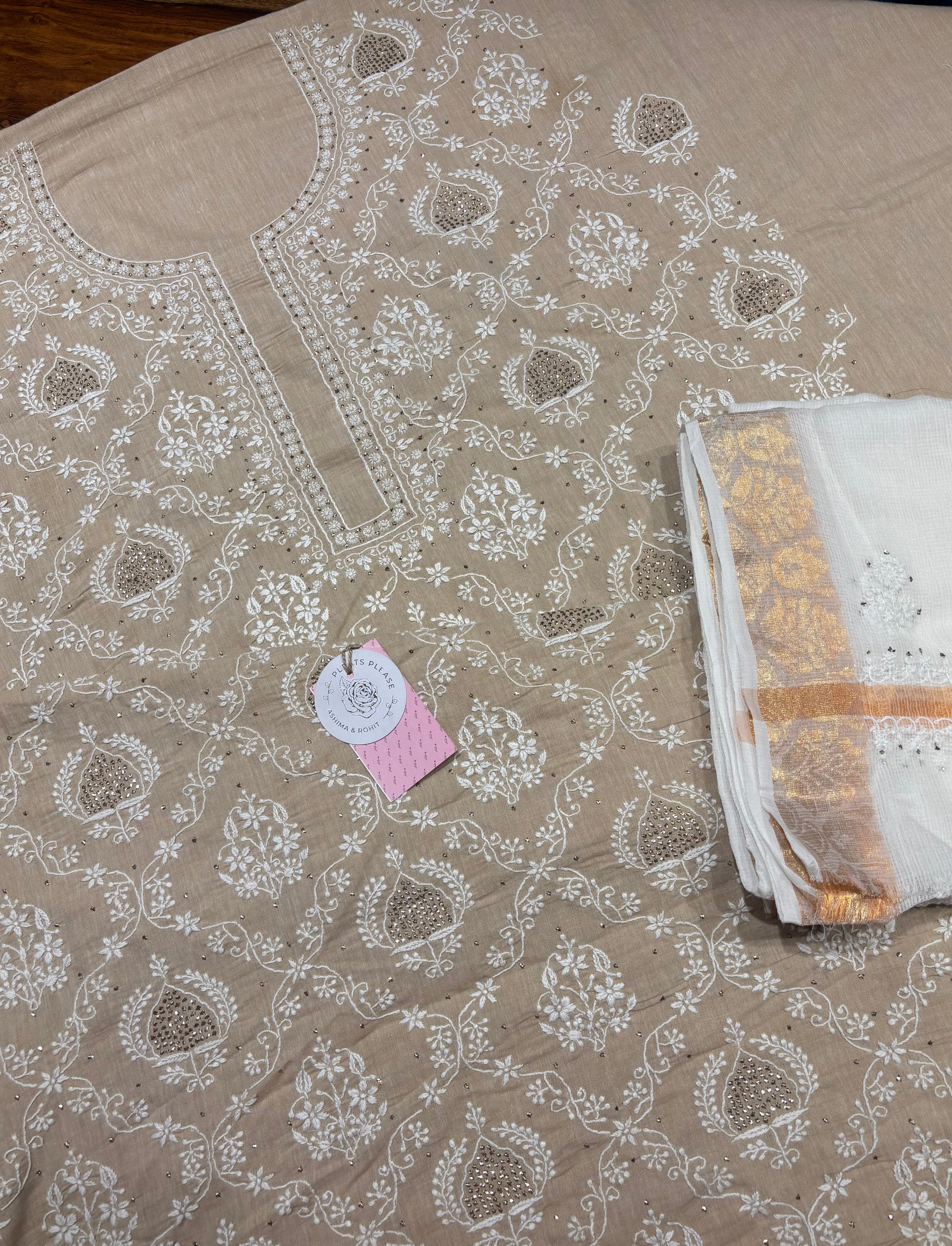 Natural Linen Chikankari & Mukaish Kurta & Dupatta Set