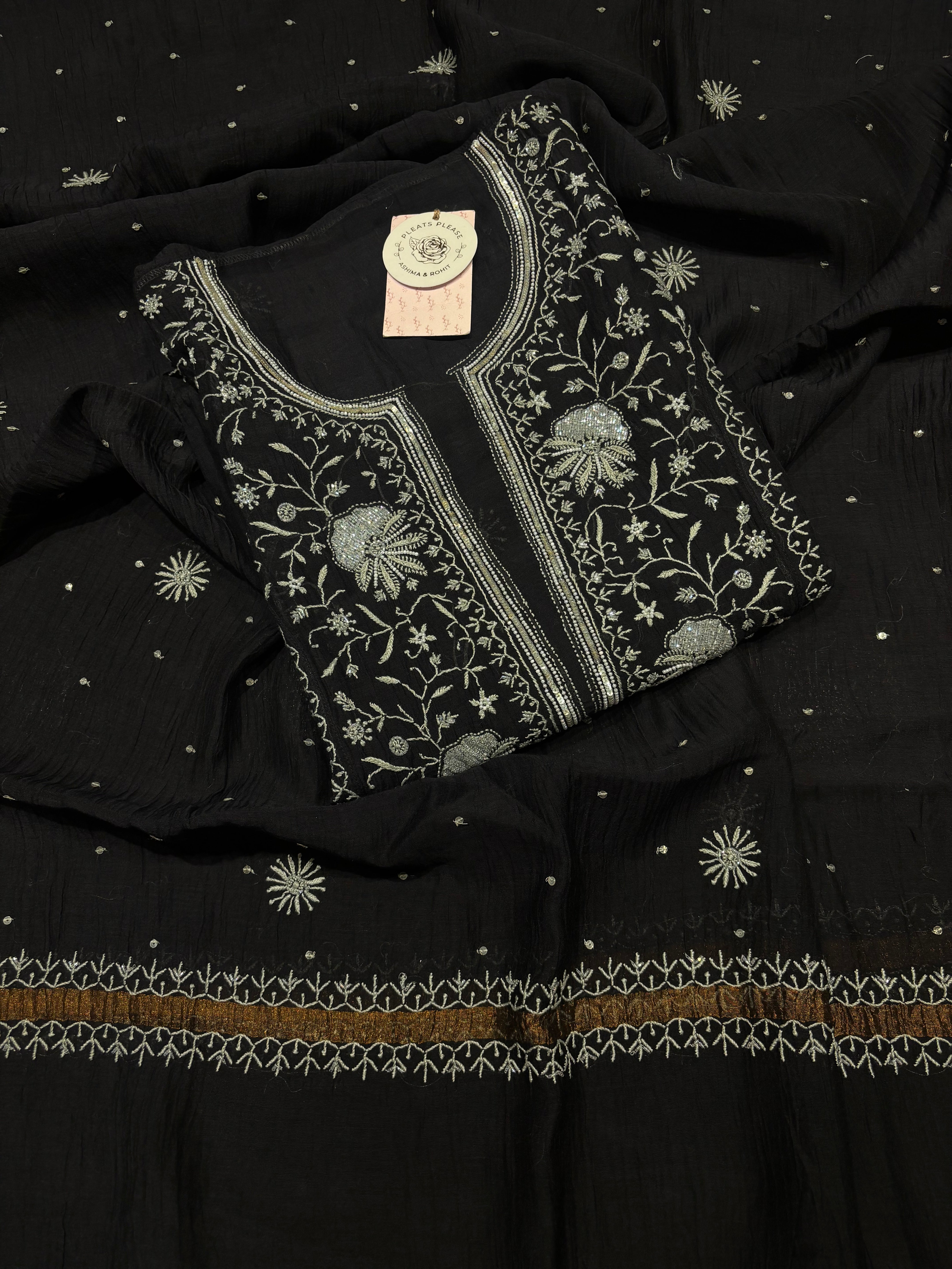 Black Chanderi Mul Chikankari Kurta & Dupatta Set